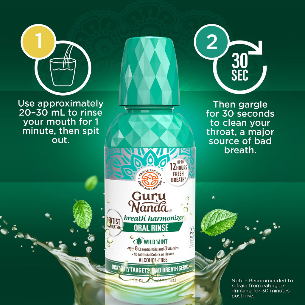 GuruNanda Oral Rinse Fresh Breath Mouthwash, ADA-Accepted Alcohol-Free Mouthwash, 7 Essential Oils & Vitamins, SLS & Flouride-Free, Wild Mint, 16 Oz