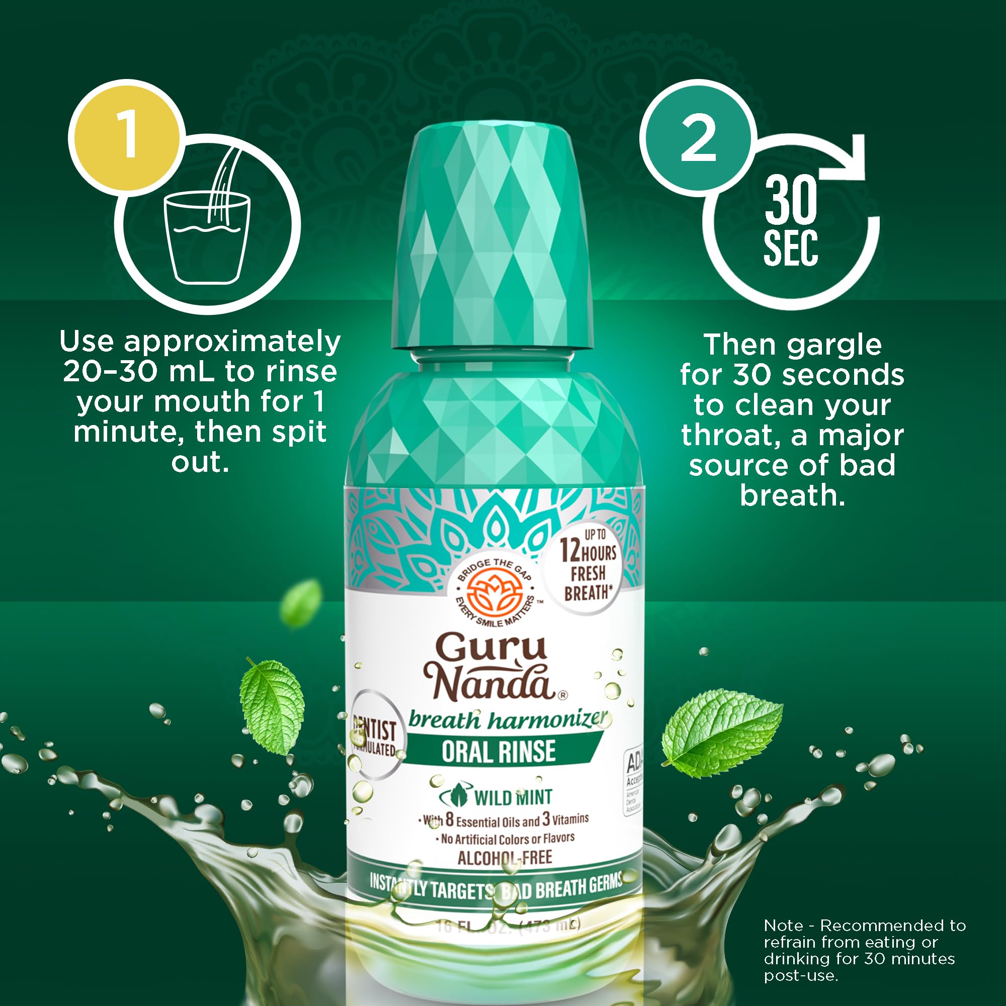 GuruNanda Oral Rinse Fresh Breath Mouthwash, ADA-Accepted Alcohol-Free Mouthwash, 7 Essential Oils & Vitamins, SLS & Flouride-Free, Wild Mint, 16 Oz