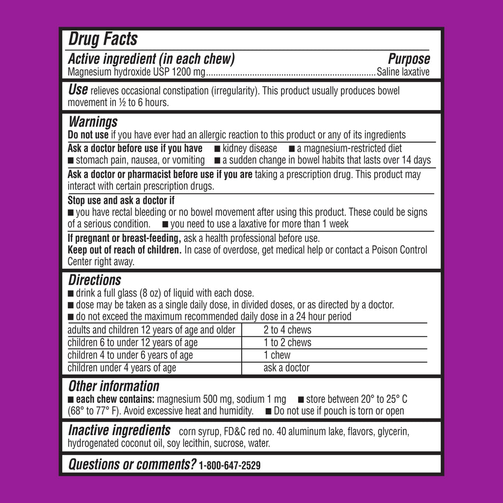 MiraFAST Soft Chews, from the Makers of MiraLAX, Gentle Constipation Relief, Fast Acting, Stimulant Free Saline Laxative, Magnesium Hydroxide, Blueberry & Raspberry Flavor, 60ct