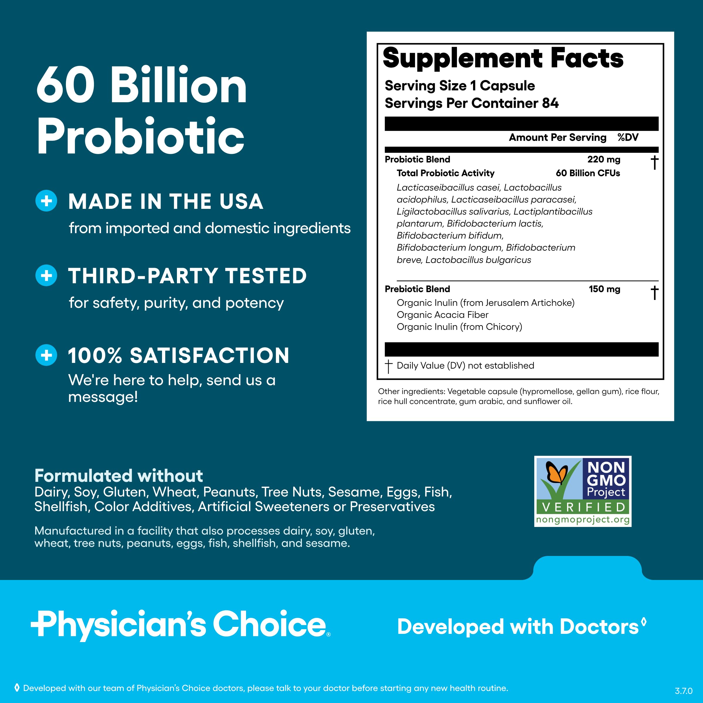 Physician's CHOICE Probiotics 60 Billion CFU - 10 Strains + Organic Prebiotics - Immune, Digestive & Gut Health - Supports Occasional Constipation, Diarrhea, Gas & Bloating - for Women & Men - 84ct