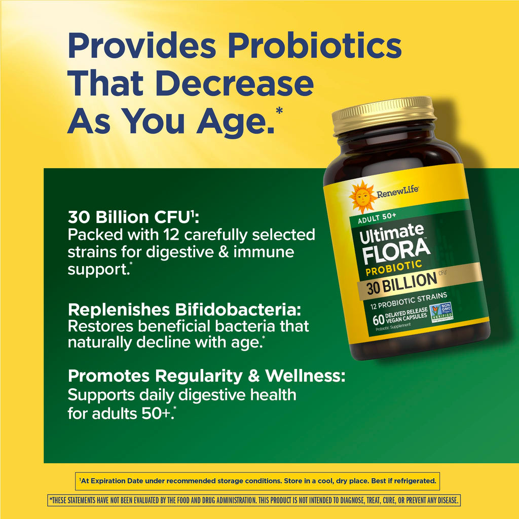 Renew Life Probiotic Adult 50 Plus Probiotic Capsules, Daily Supplement Supports Urinary, Digestive and Immune Health, L. Rhamnosus GG, Dairy