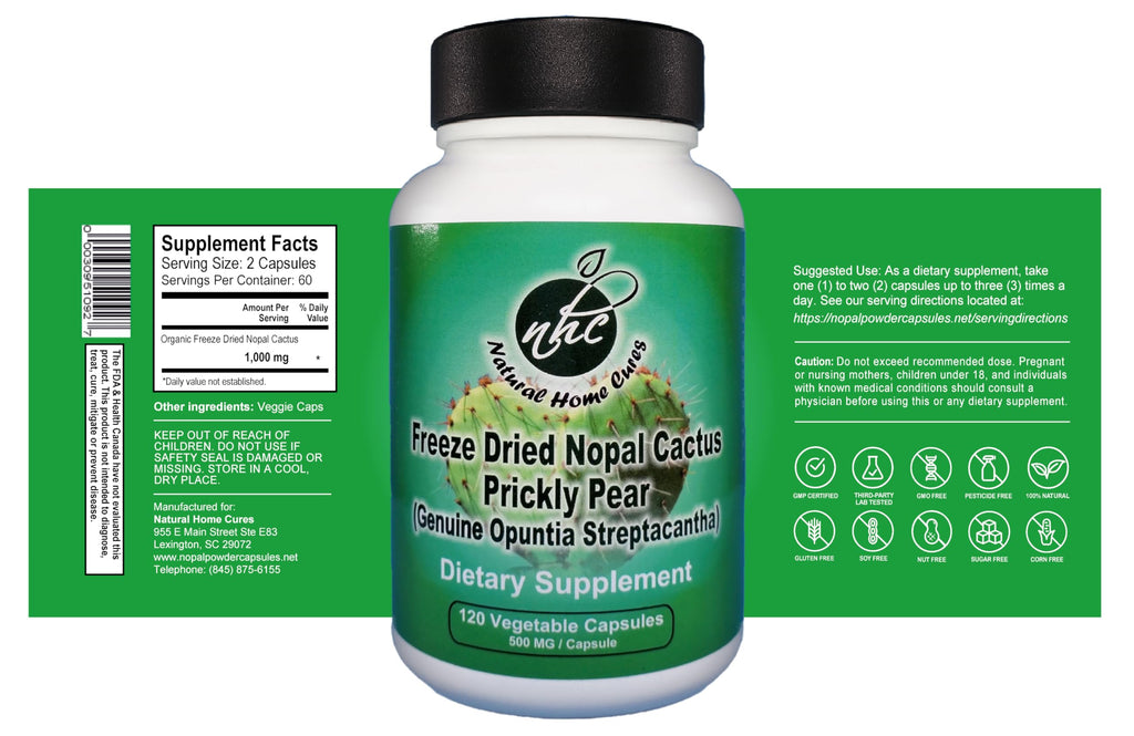 Natural Home Cures Premium Freeze-Dried Nopal Cactus Capsules, Mountain-Grown in Mexico, Whole Prickly Pear Cactus Powder Supplement, No Fillers