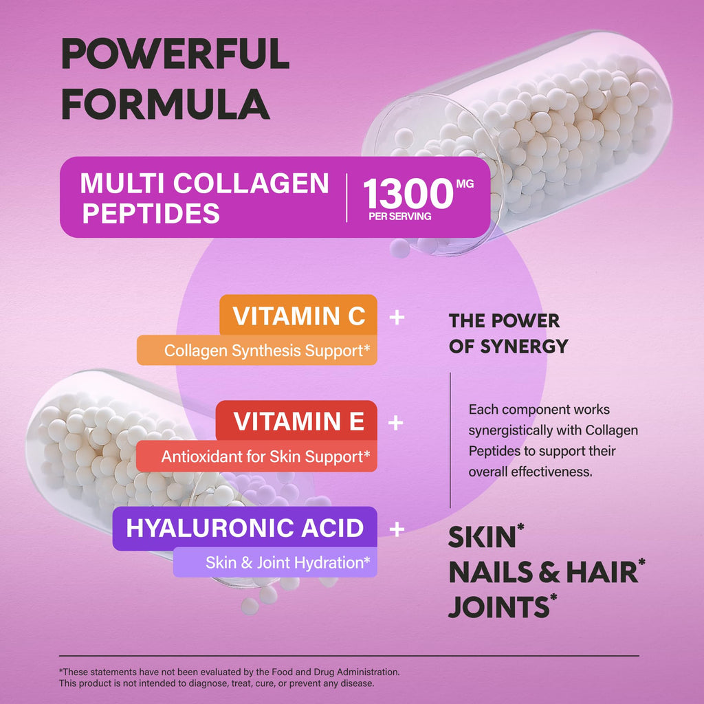 Multi Collagen Peptides - Hydrolyzed Types I, II, III, V & X - Collagen Supplement for Women 1300mg - w/ Hyaluronic Acid, Vitamins C & E - Skin, Hair