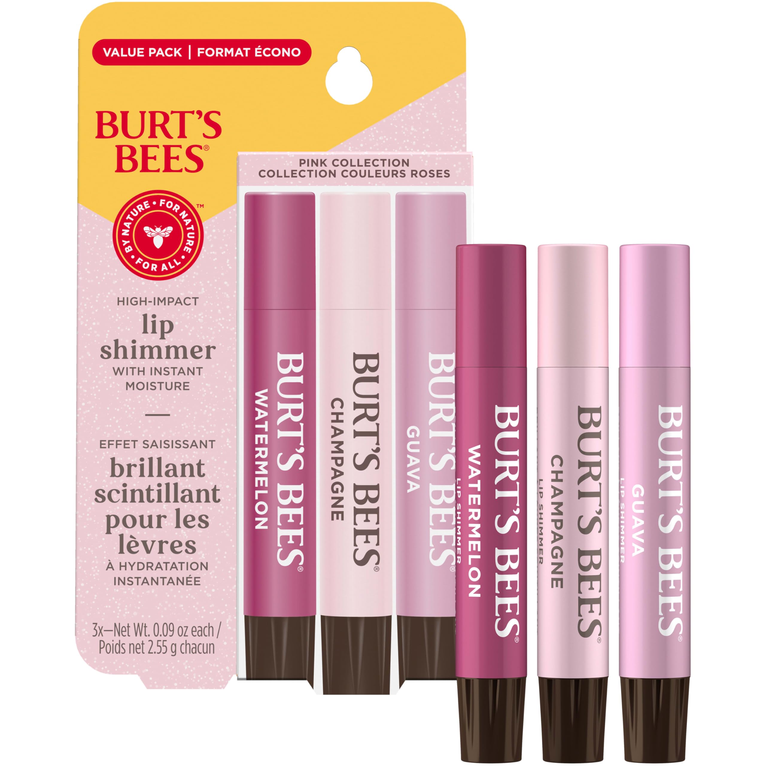 Burt's Bees Lip Shimmer Pink Collection, Tinted Lip Balm Stick, Moisturizing for All Day Hydration with Natural Glowy Pigmented Finish & Buildable Color, 3 Shades, Value Pack, 0.09 oz., Three Tubes