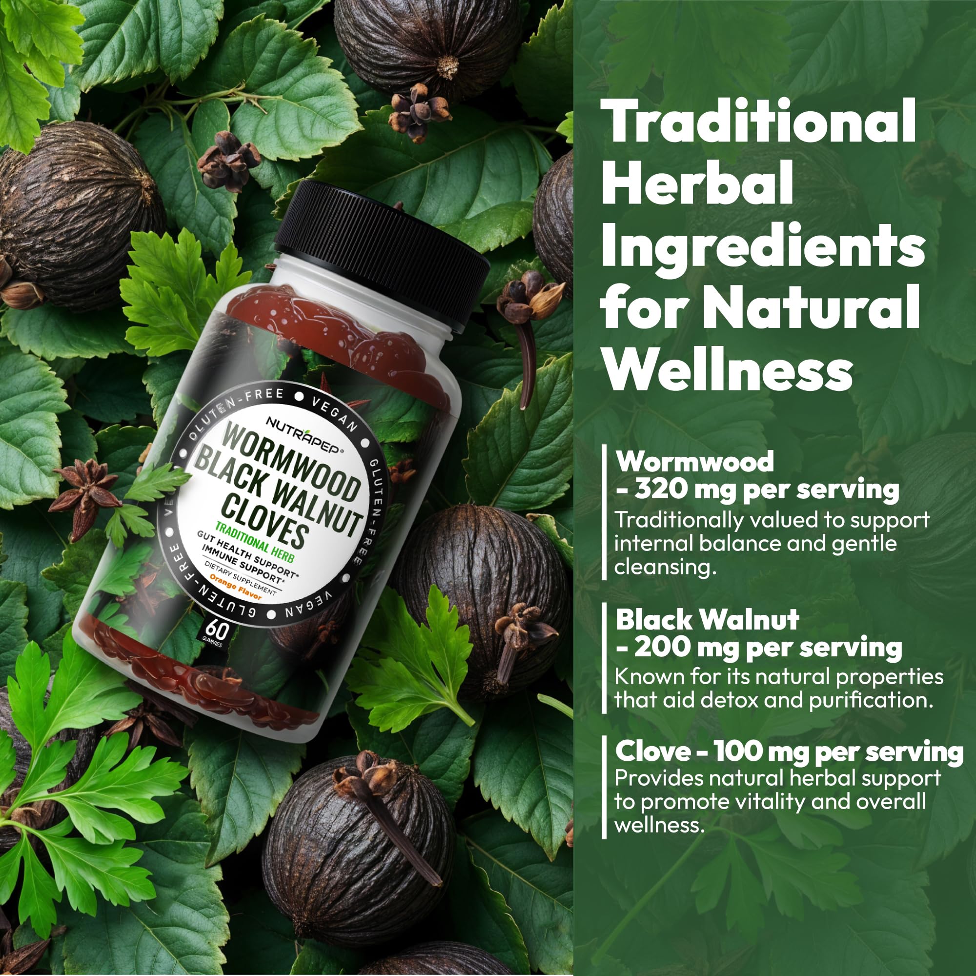 NutraPep Wormwood Black Walnut & Cloves Gummies - Gut Health Immune Support & Natural Detox Cleanse Traditional Herbal Supplement - Vegan Gluten-Free