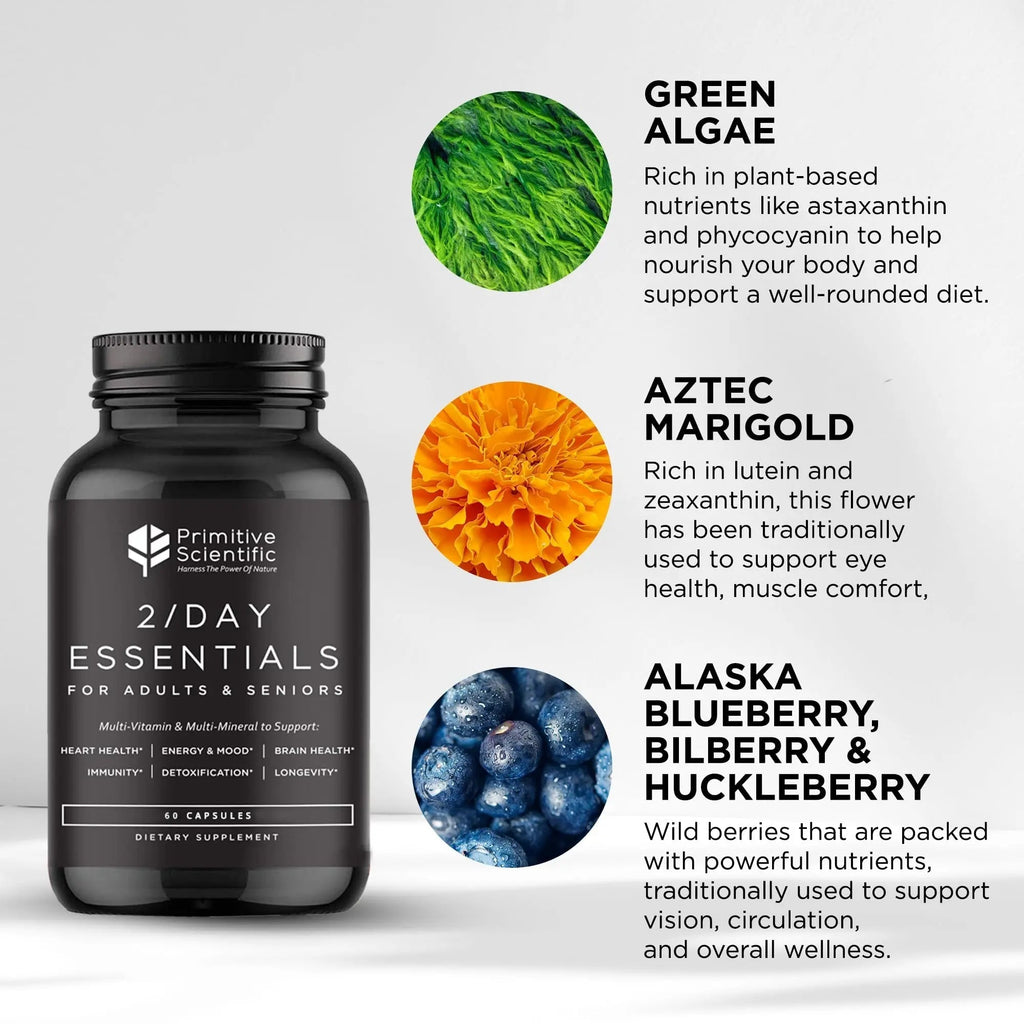 Primitive Scientific Whole Food Daily Essential Multivitamins for Adults and Seniors - 2X a Day - Vitamin A, C, D, E, B12 and Minerals Primitive Scientific