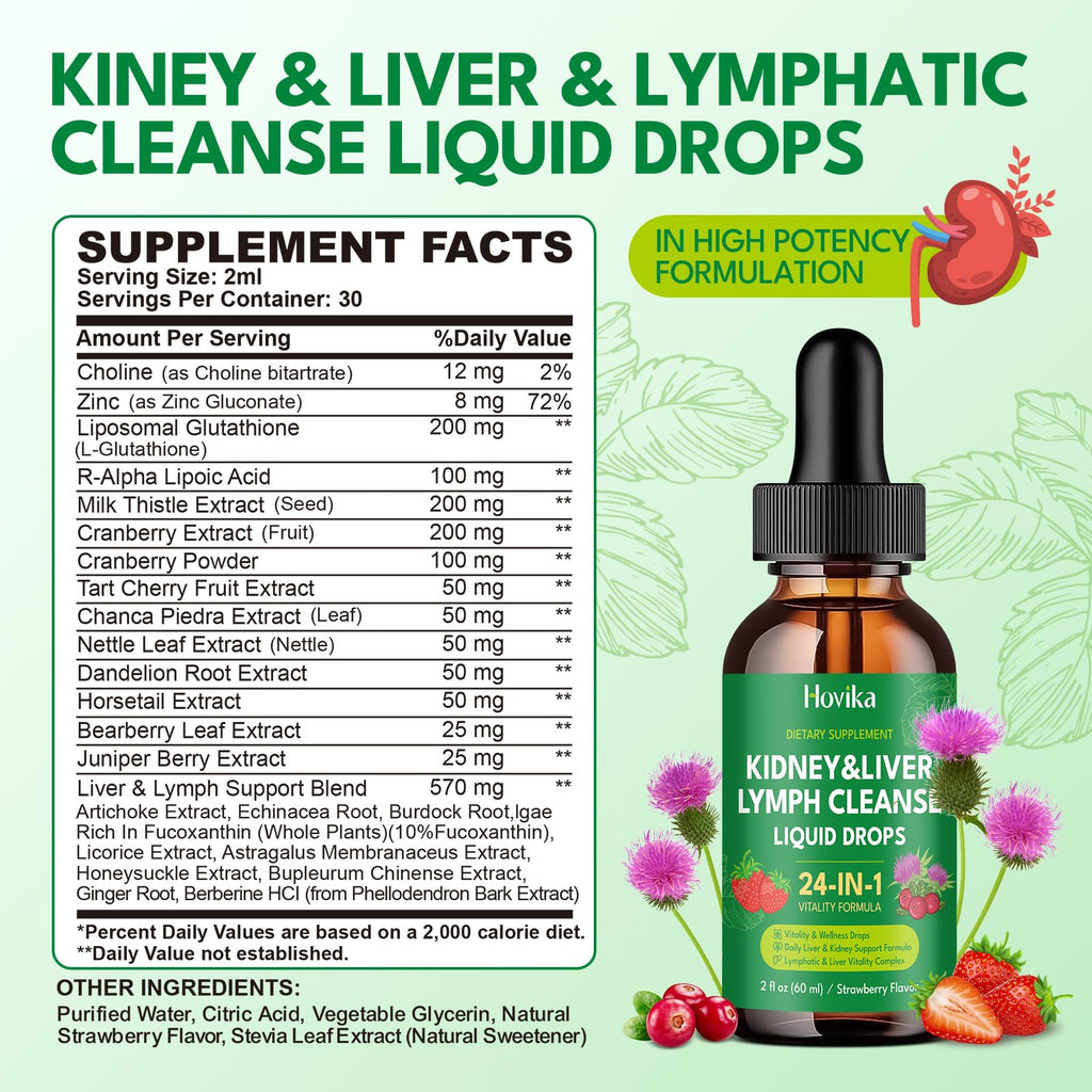 24-in-1 Kidney & Liver, Lymph Cleanse Detox & Repair Drops, Three Immune Formula with Cranberry, Milk Thistle, Vegan Urinary Tract & Lymphatic Drainage
