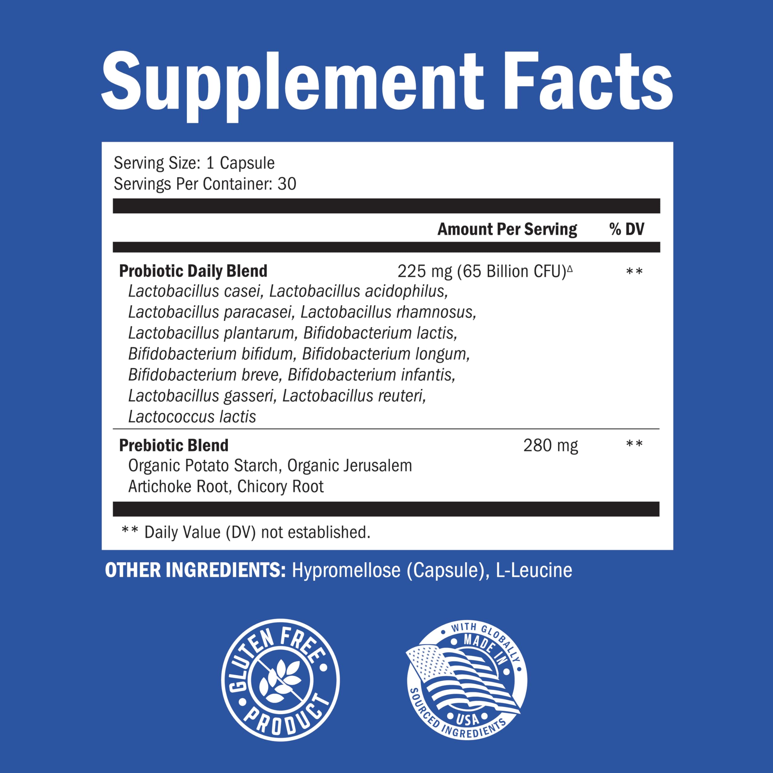 Probiotic 65 Billion - Probiotics with Prebiotic for Women & Men - Lactobacillus Acidophilus Digestive Health Capsules - Targeted Release Technology - Shelf Stable Supplement Non-GMO Dairy Free-30ct