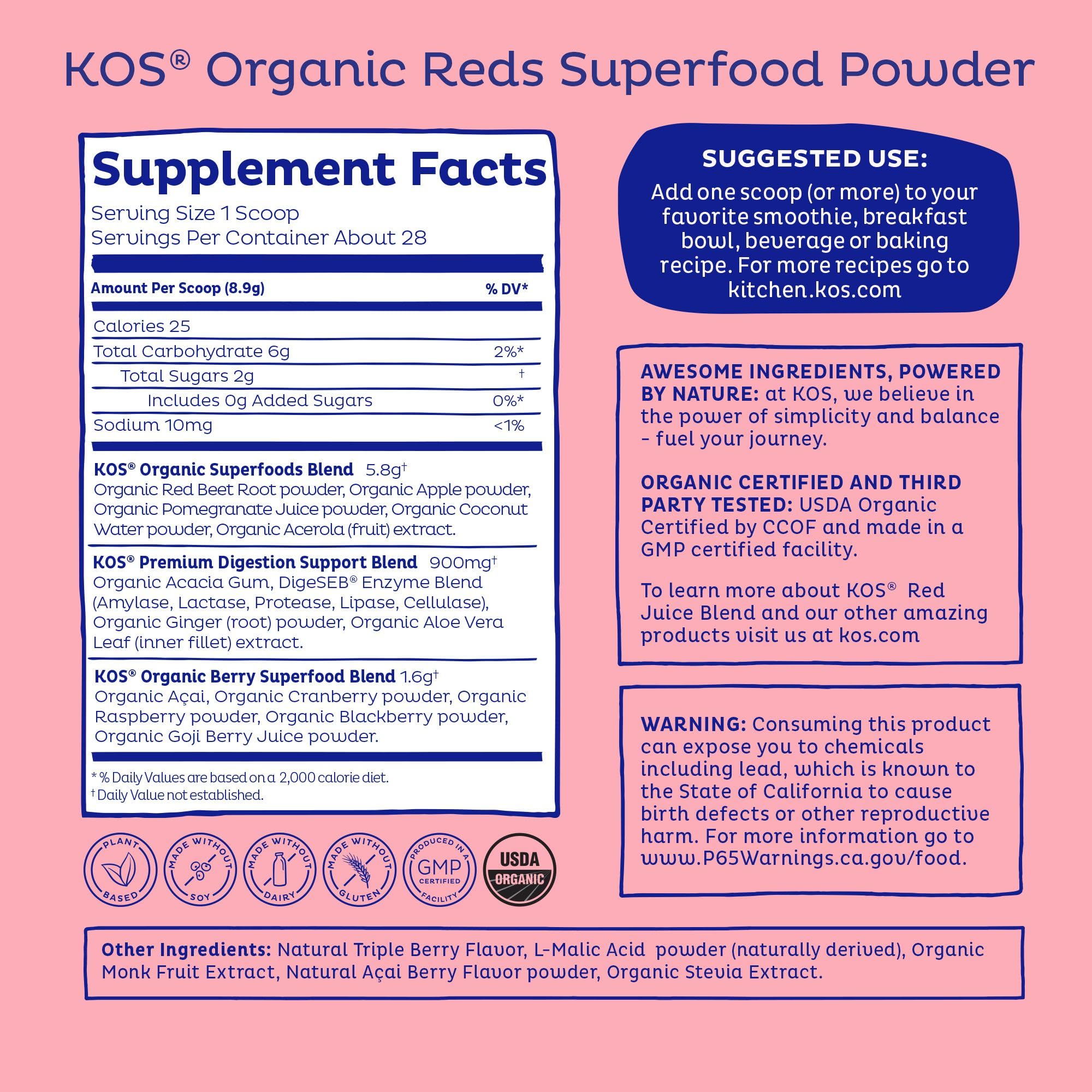 KOS Reds Superfood Powder for Antioxidants - USDA Certified Organic Beet Root, Goji Berries, Acai, Pomegranate, Coconut Water & Digestion Enzymes- Goji Berry Popsicle Flavor Juice Mix - 28 Servings KOS buy supplements Au