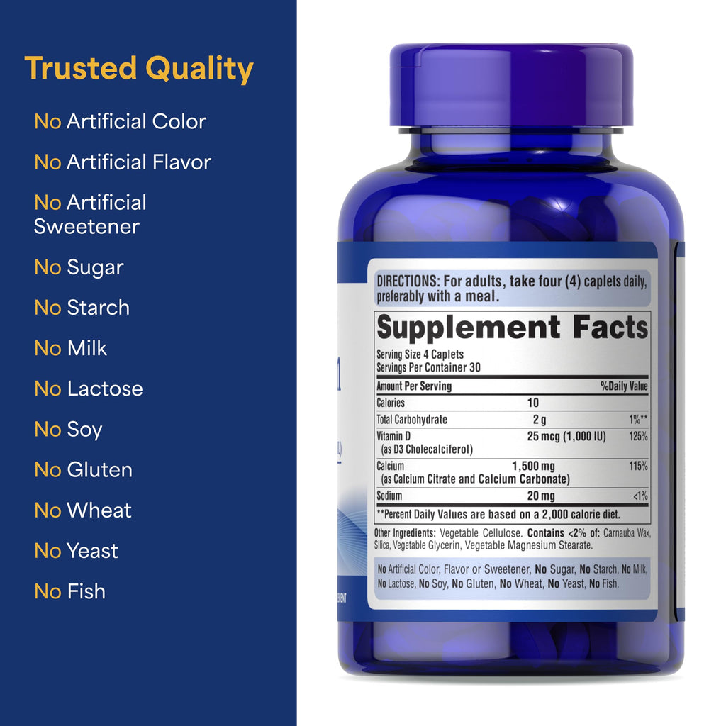Puritan's Pride Absorbable Calcium 1500 mg Plus Vitamin D3 25mcg 1000 IU, Dietary Supplement for Bone Strength, Heart, Nerve, Muscle