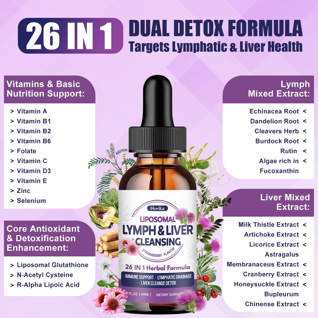 Liposomal Lymphatic Drainage Drops, 26 in 1 Liver Cleanse Detox & Repair with Milk Thistle, Echinacea, Glutathione, Vitamins, Lymph-Liver Cleanse,