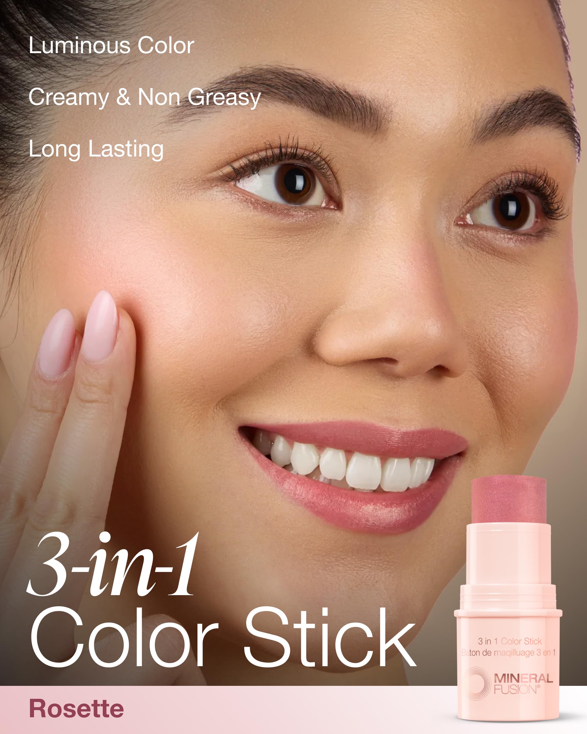 Mineral Fusion 3-in-1 Color Stick - Hydrating Cream Blush Tint for Cheek, Lip and Eye - Natural Multi Use Makeup (Rosette)