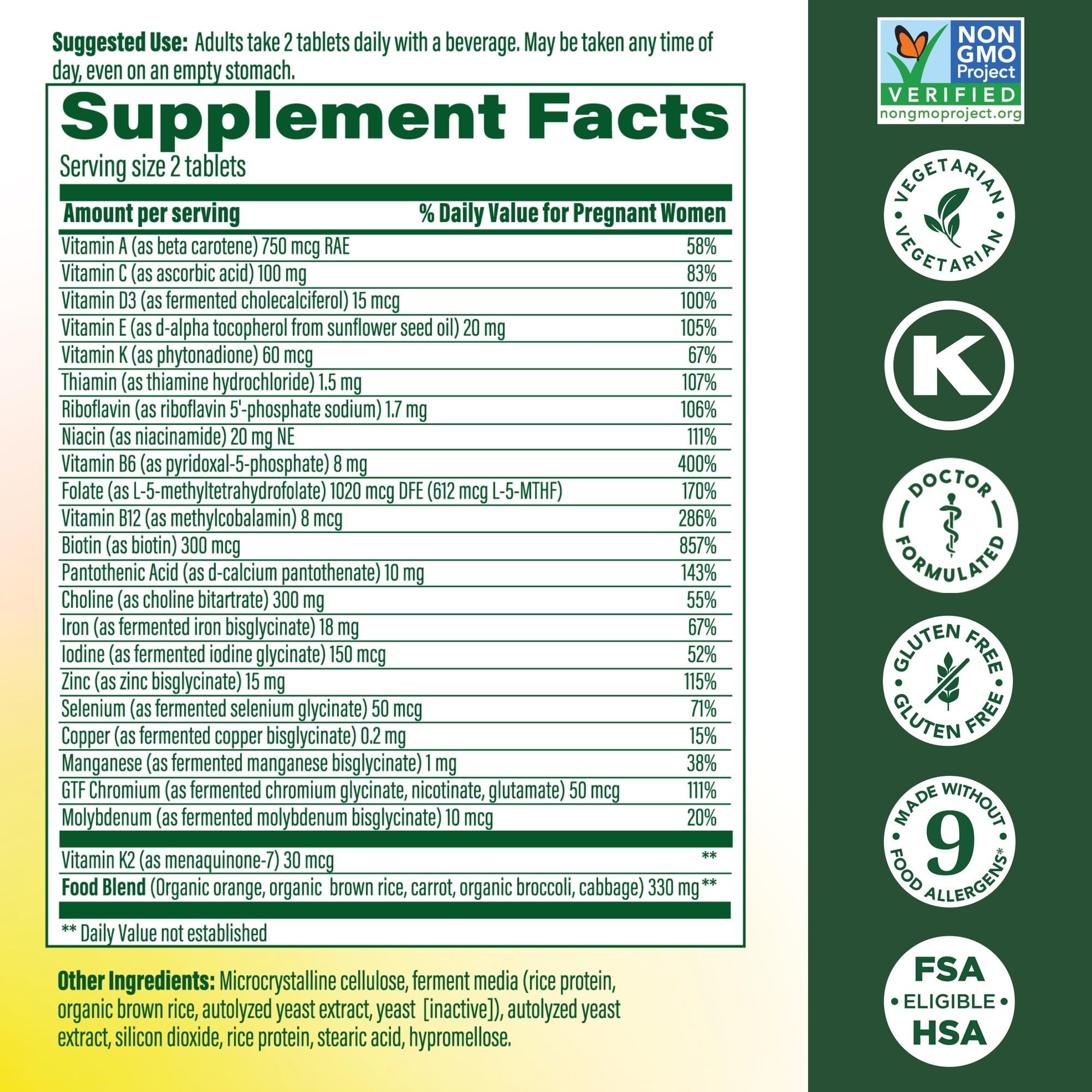 MegaFood Baby & Me 2 Prenatal Vitamin and Minerals - Vitamins for Women - with Folate (Folic Acid Natural Form), Choline, Iron, Iodine, and Vitamin C