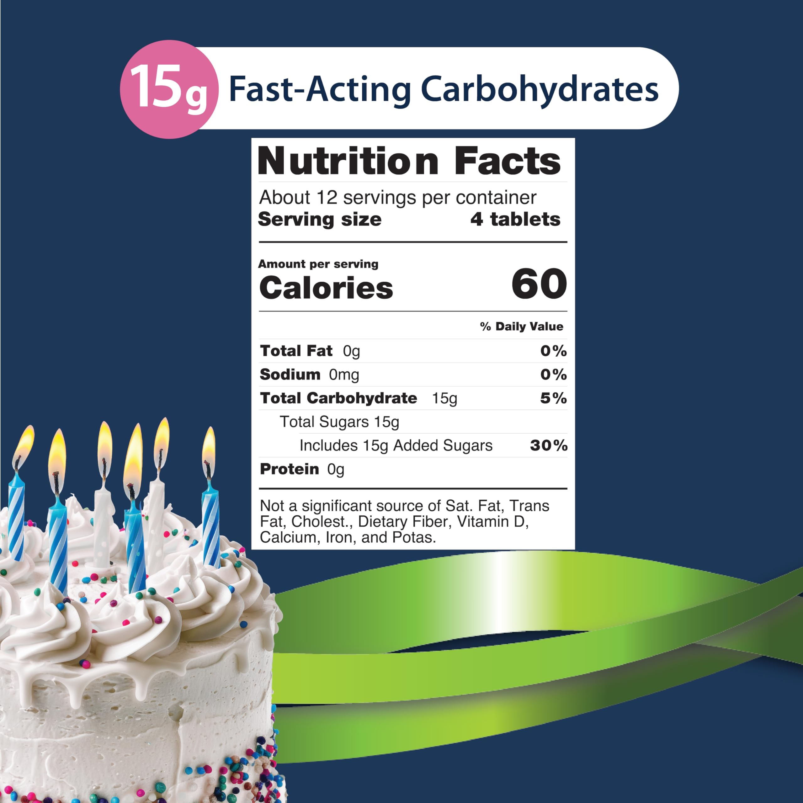 TRUEplus Glucose Tablets, Chewable, Birthday Cake Flavor, 15g Fast-Acting Carbohydrates, Dye Free, Gluten Free, No Fat, Boost Energy, 50 Count