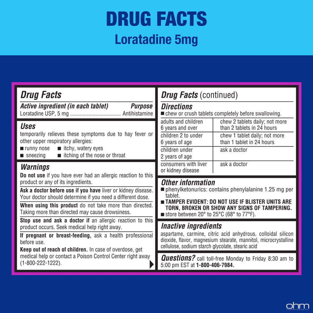 Ohm Children's Allergy Medicine, Loratadine 5mg, Chewable Tablets (30 Count) Bubblegum Flavor, Non-Drowsy Antihistamine, 24-Hour Allergy Relief for Runny Nose, Watery Eyes, Itchy Throat & Nose
