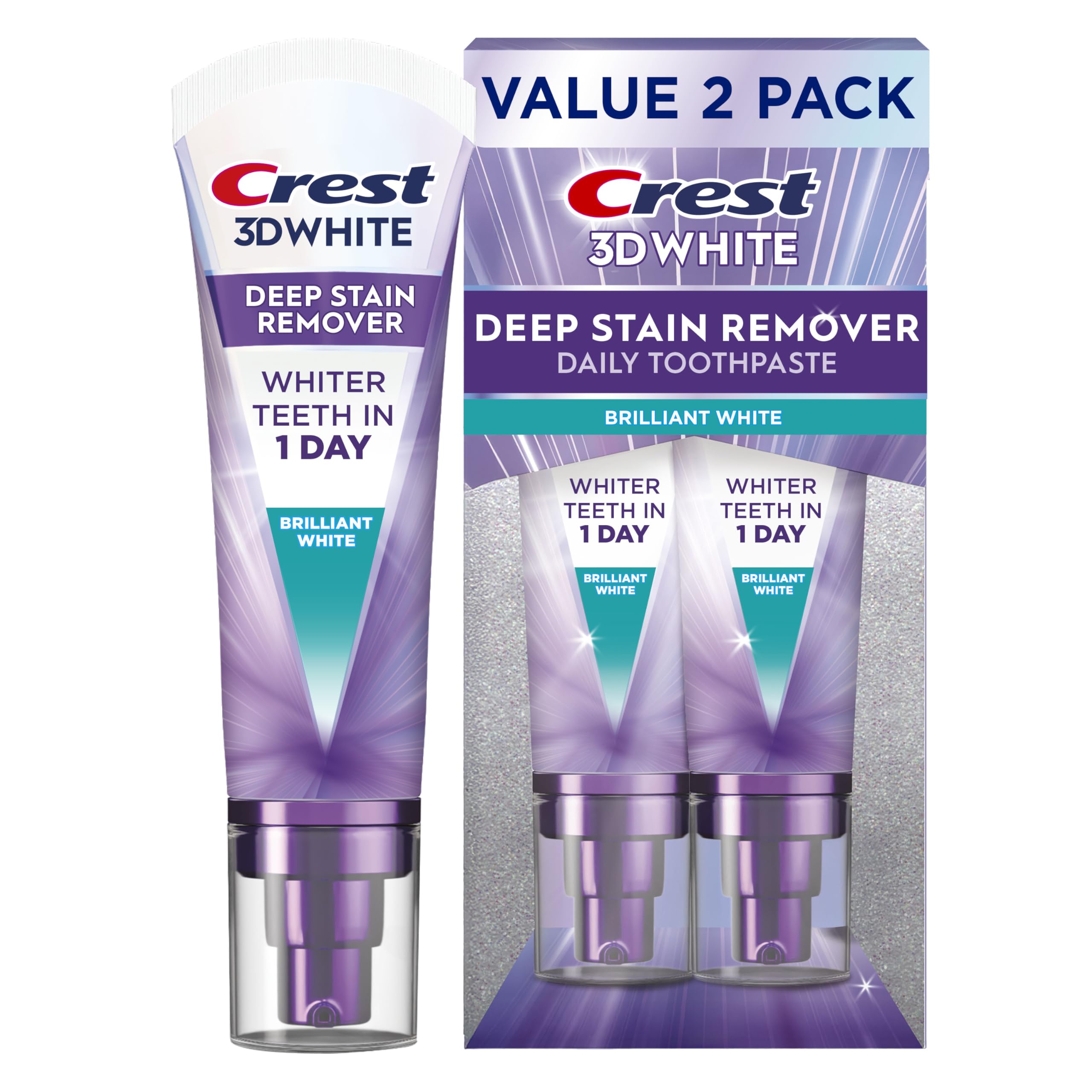 Crest 3D White Deep Stain Remover Toothpaste, Teeth whitening for Adults, 3.1oz, 2 Pack, Sensitivity Safe, Enamel Repair, Cavity Protection