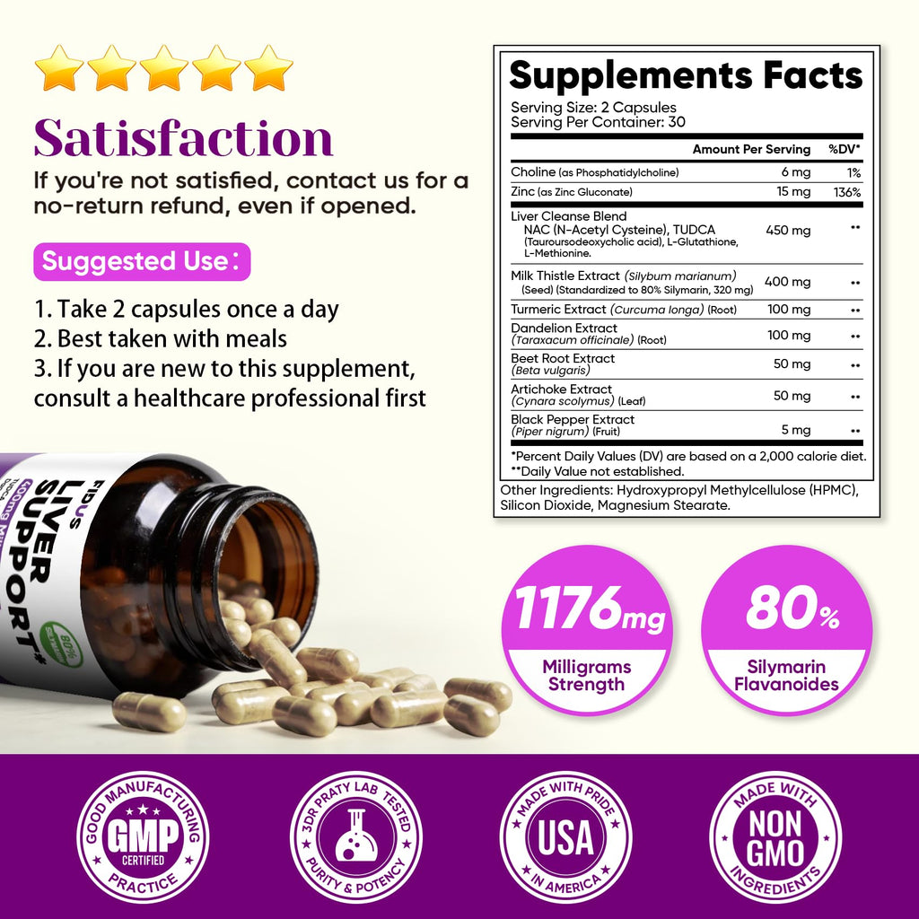 Fidus Milk Thistle Liver Liver Cleanse Detox & Detox Capsules - 400mg Silymarin with TUDCA, NAC, Turmeric & Dandelion Root for Liver Support - 60 Capsules