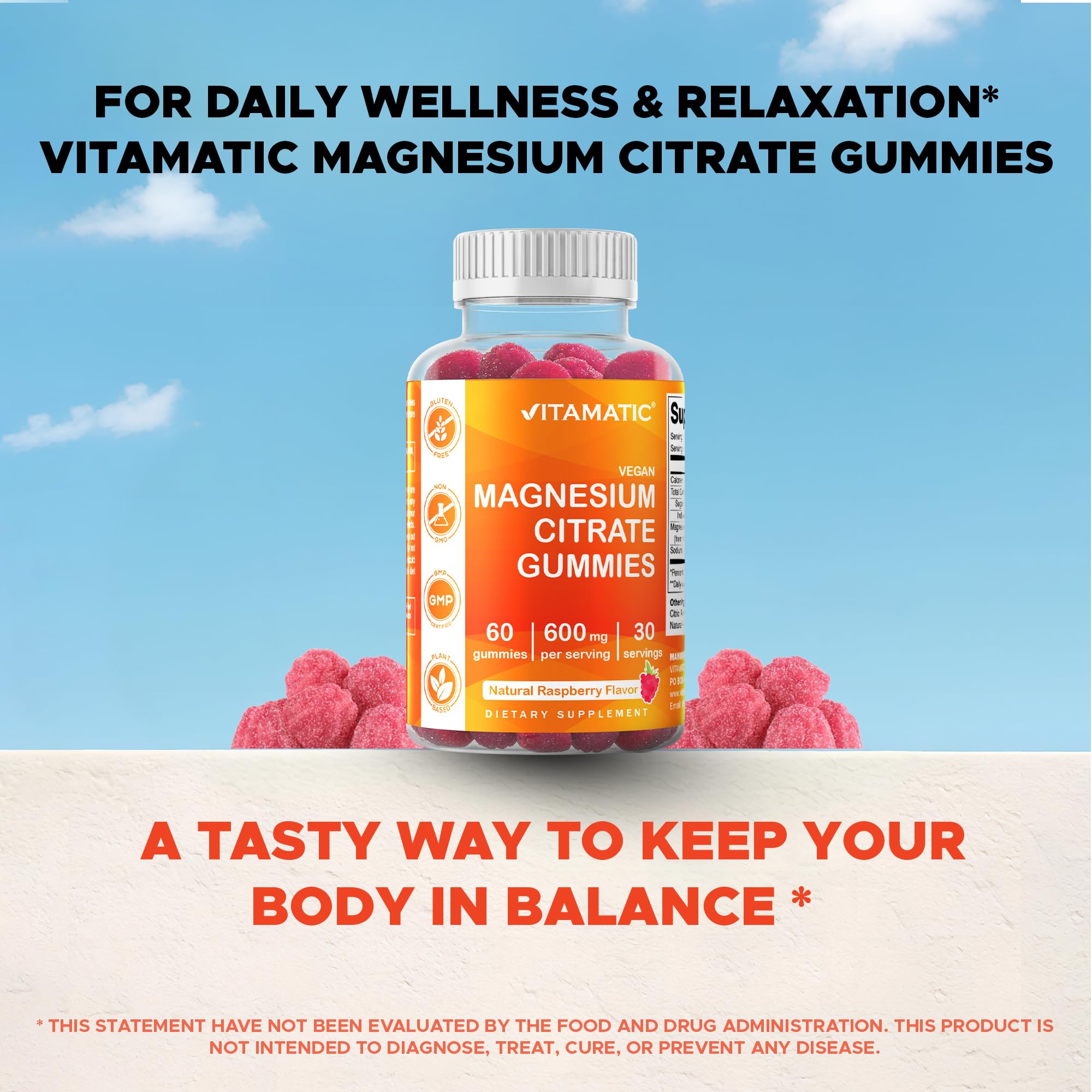Vitamatic Magnesium Gummies 600mg per Serving – 60 Vegan Gummies – Relaxation, Muscle, Bone & Energy Support – 3 Pack