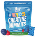 Package of Tasty Gains Kids Creatine Gummies with blue raspberry flavor on a white background