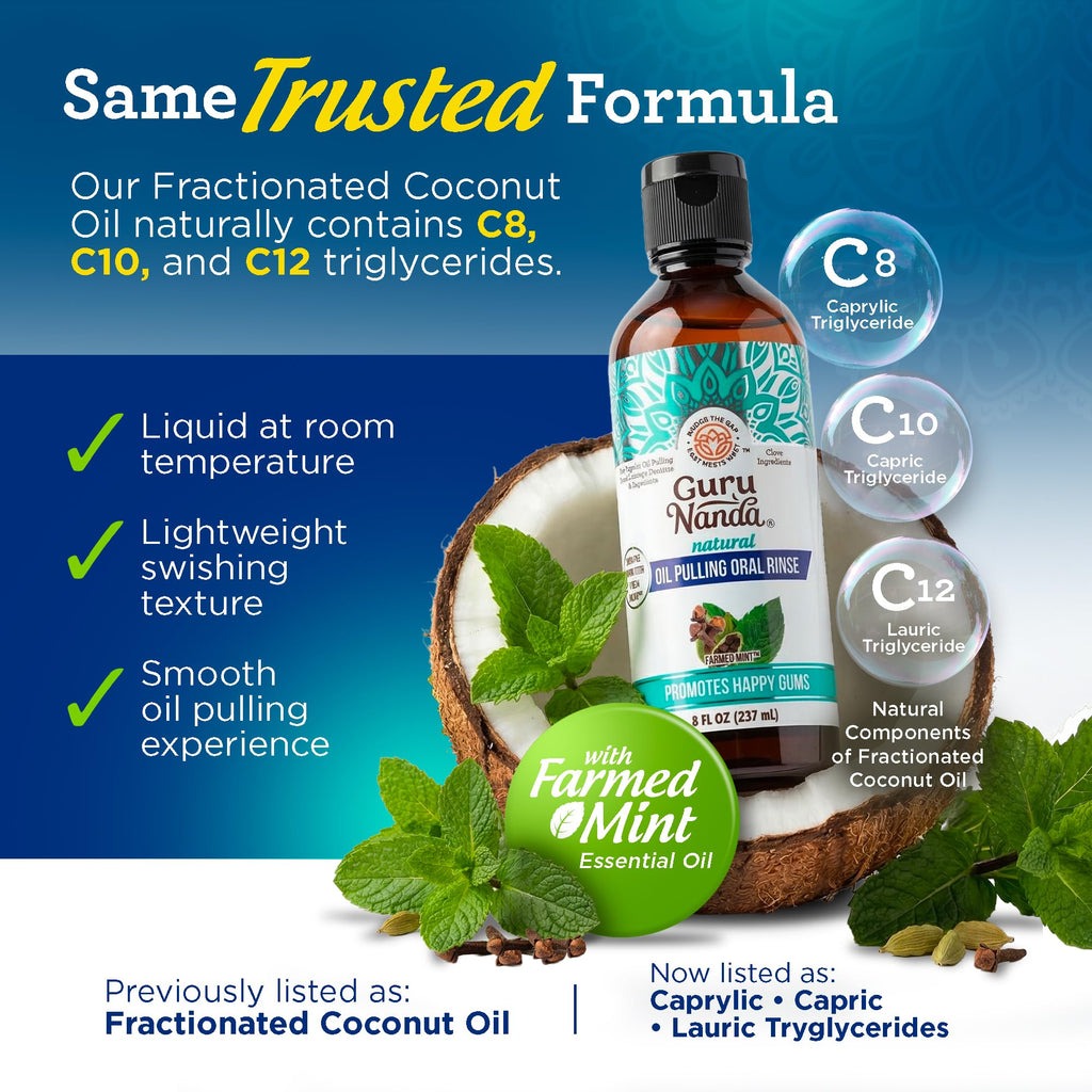 GuruNanda CocoMint Oil Pulling Mouthwash for Complete Oral Hygiene, 7 Essential Oils & Vitamins for Happy Teeth & Gums & Fresh Breath with Toothbrush & Tongue Scraper