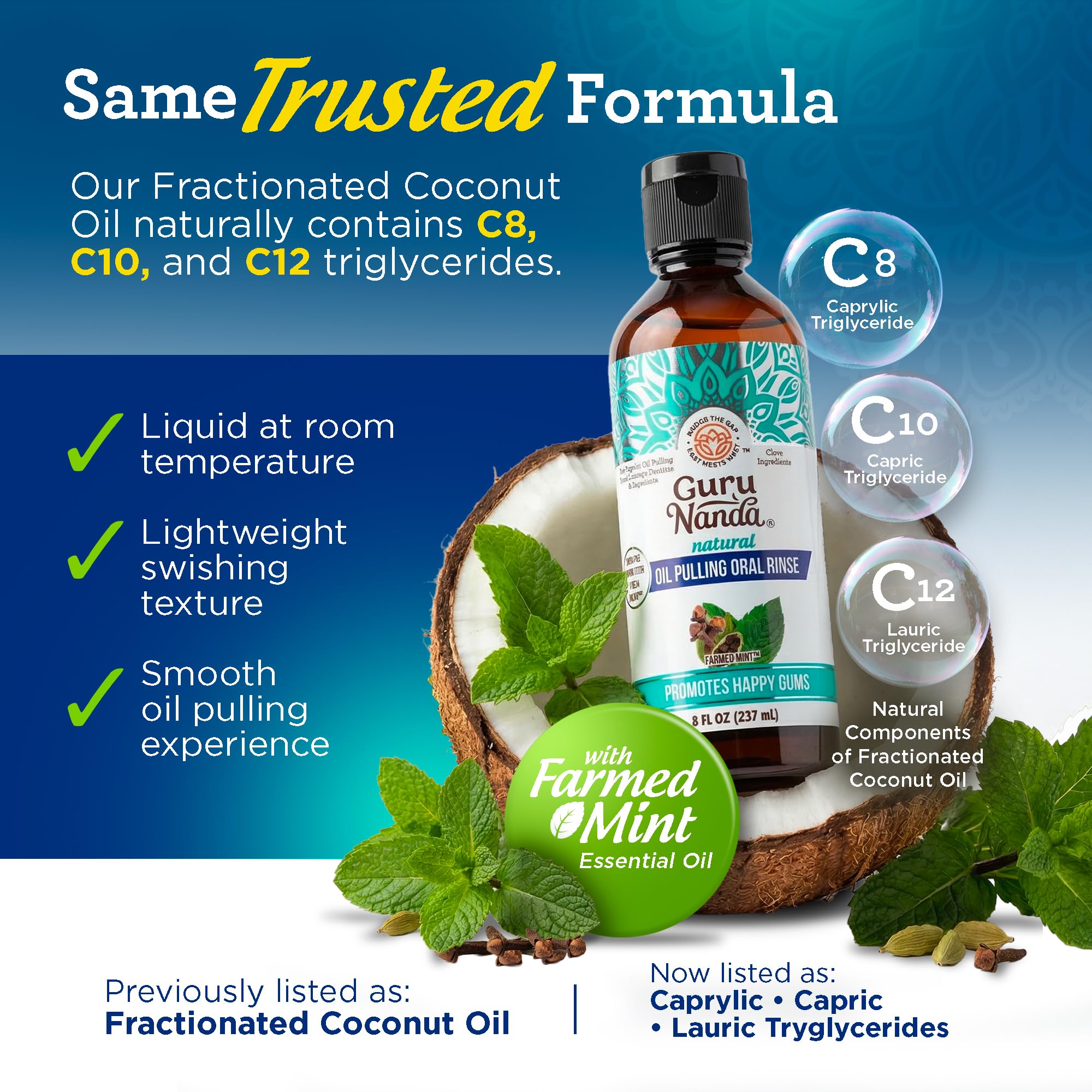 GuruNanda CocoMint Oil Pulling Mouthwash for Complete Oral Hygiene, 7 Essential Oils & Vitamins for Happy Teeth & Gums & Fresh Breath with Toothbrush & Tongue Scraper