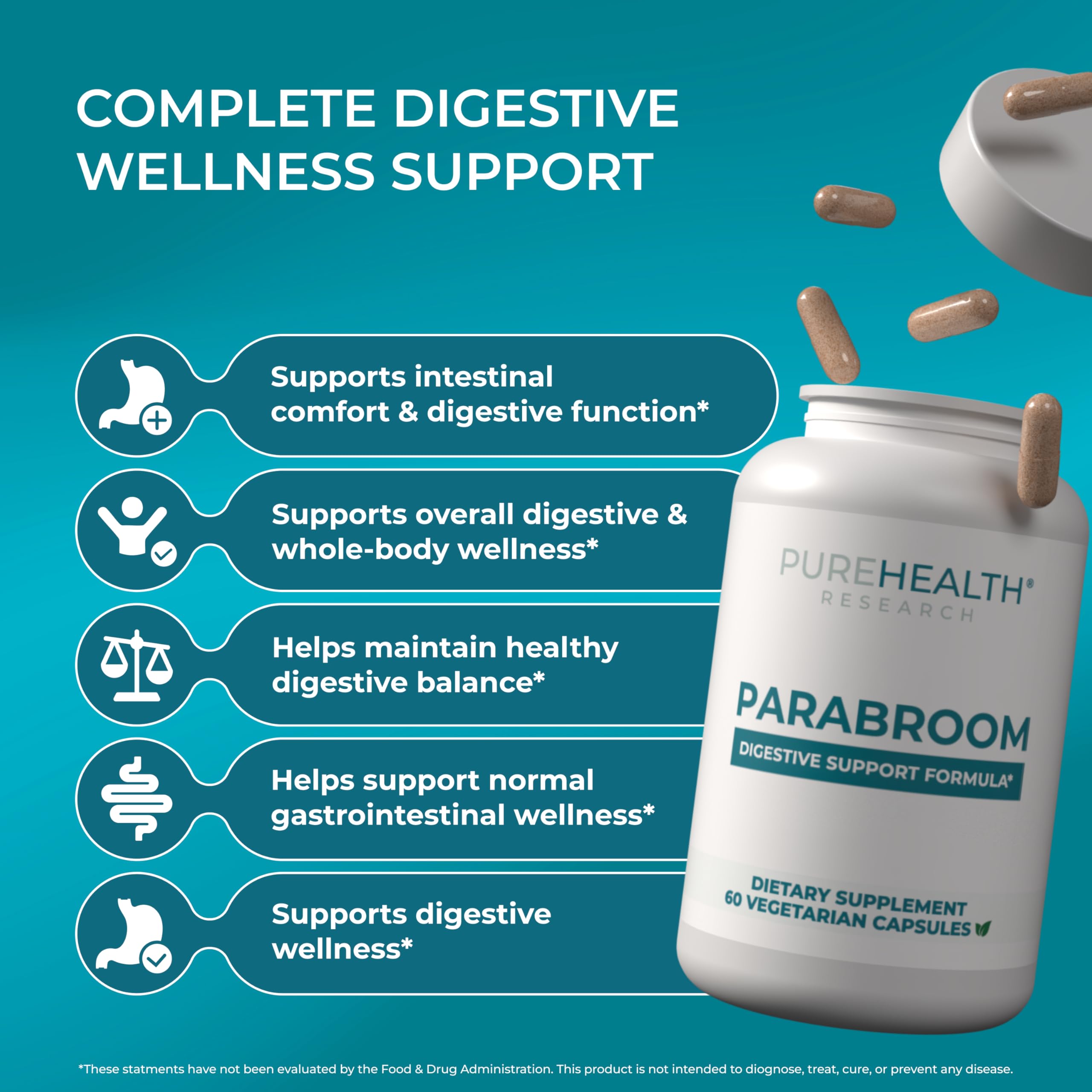 PUREHEALTH RESEARCH Parabroom - Gut Cleanse & Health Supplement - with Black Walnut, Sweet Wormwood Powder, Turmeric Extract, Olive Leaf, Garlic & Onion