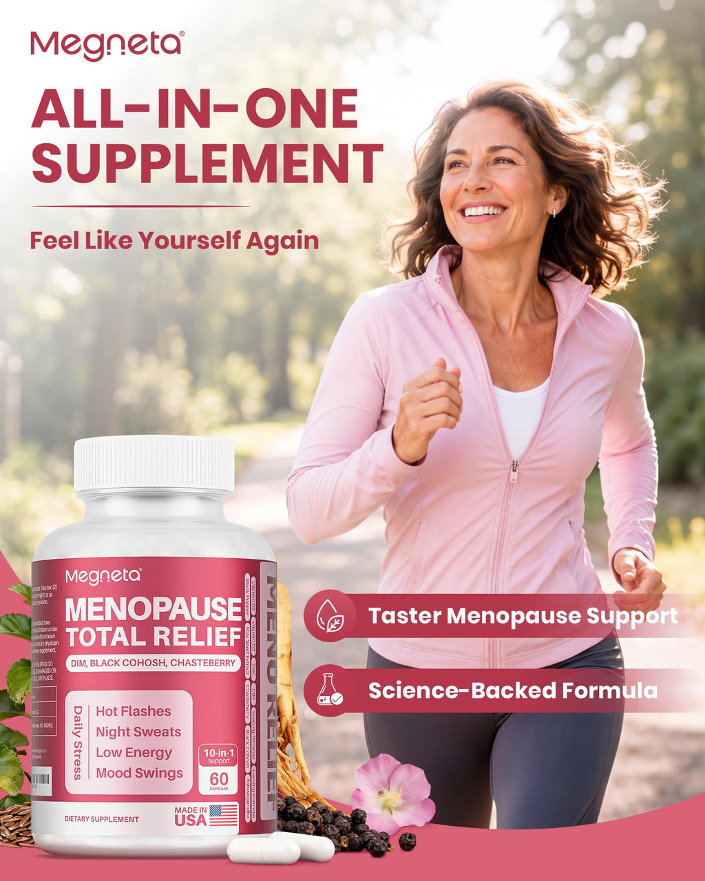 MEGNETA Menopause Supplements for Women - 10-in-1 Hormone Balance Complex with Black Cohosh, DIM, Chasteberry & Ashwagandha - Support for Hot Flashes, Night Sweats