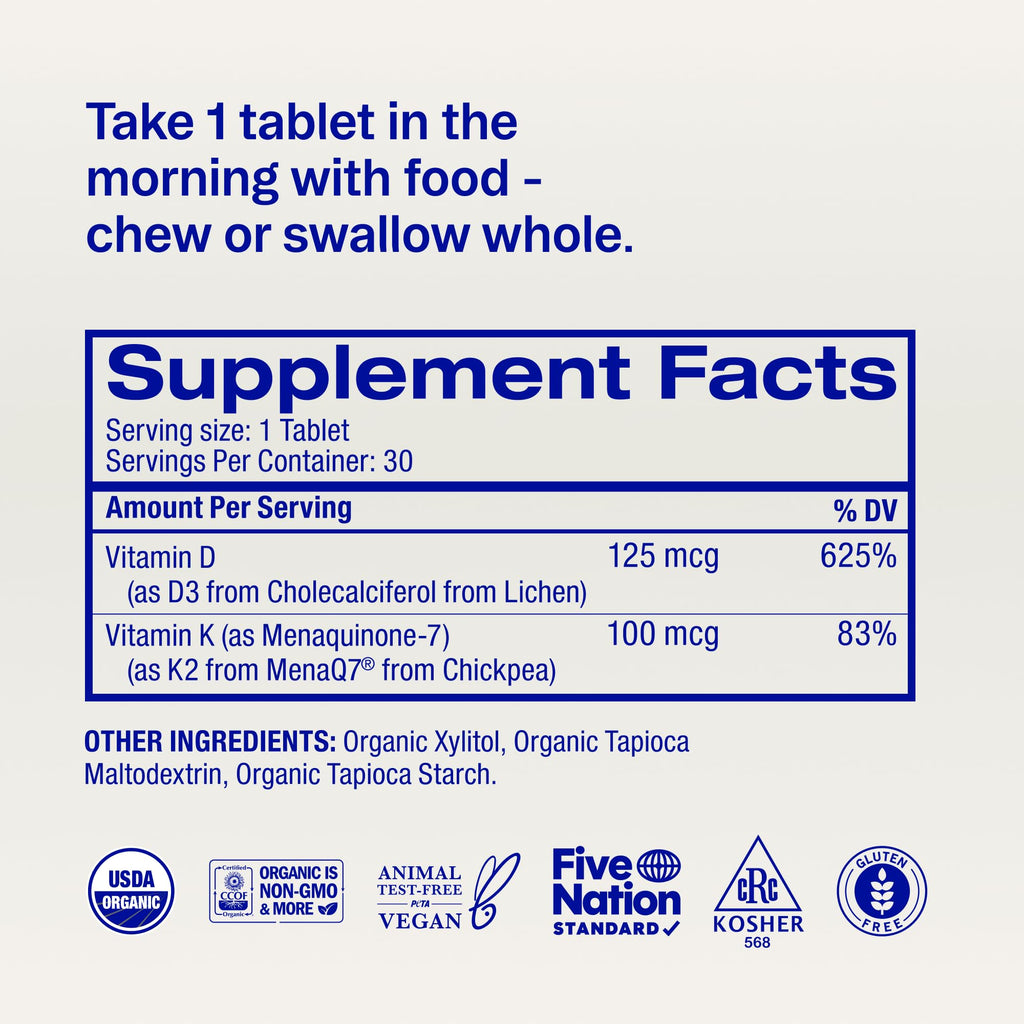 Ora Organic Vitamin D3 5000IU + K2 - Vegan Vitamin D from Lichen and K2 from Chickpeas for Bone Health, Immune Support, & Mood, Maximum Absorption - 1 Month Supply, 30 Chewable Tablets