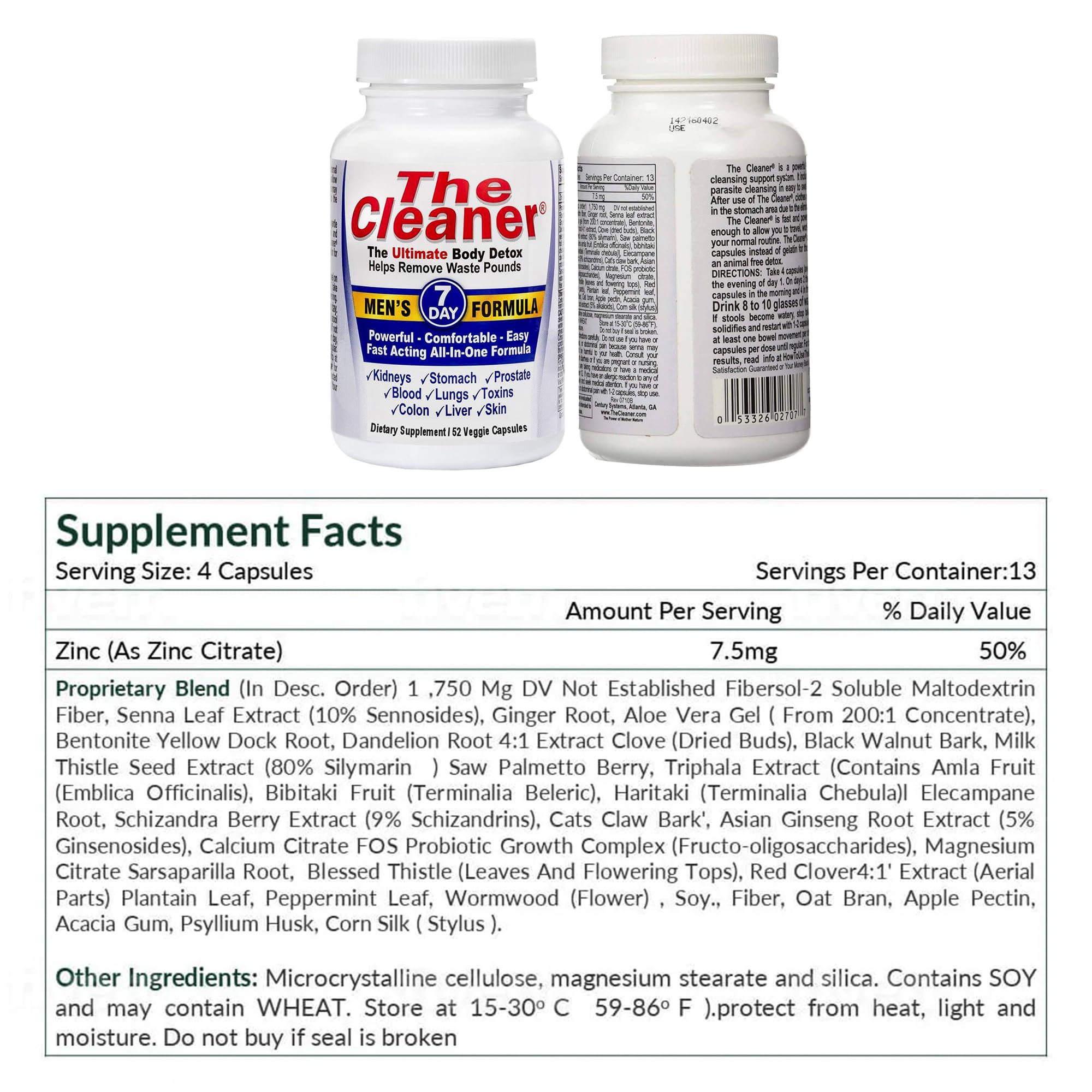 Century Systems The Cleaner Detox, Powerful 7-Day Complete Internal Cleansing Formula for Men, Support Digestive Health, 52 Vegetarian Capsules
