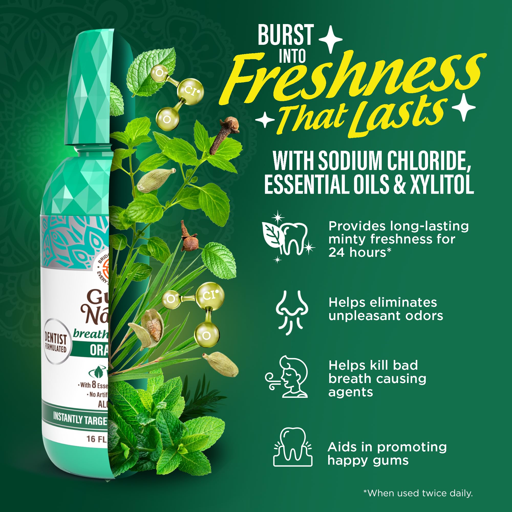 GuruNanda Oral Rinse Fresh Breath Mouthwash, ADA-Accepted Alcohol-Free Mouthwash, 7 Essential Oils & Vitamins, SLS & Flouride-Free, Wild Mint, 16 Oz