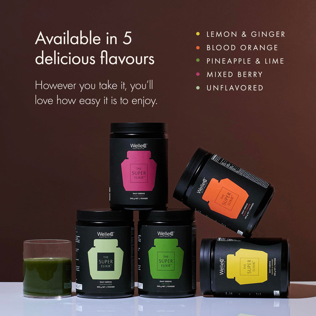 WelleCo The Super Elixir Daily Greens Powder, Probiotic Drink Mix with Whole Foods, Gluten Free, Vegan Gut Health Powder, Energy, Immunity, Healthy Skin, Hair & Nails (Jar, Blood Orange) WelleCoBuy Supplements Australia