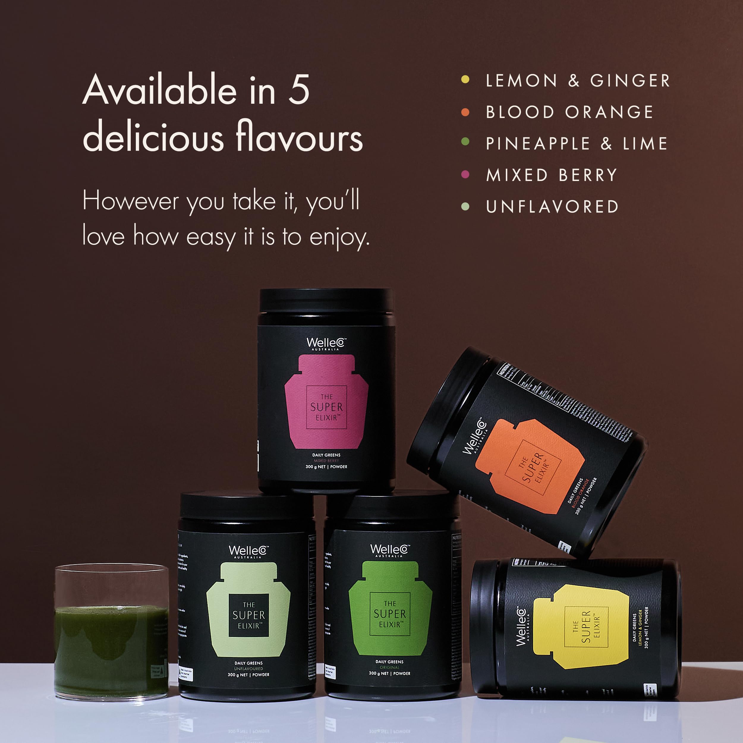 WelleCo The Super Elixir Daily Greens Powder, Probiotic Drink Mix with Whole Foods, Gluten Free, Vegan Gut Health Powder, Energy, Immunity, Healthy Skin, Hair & Nails (Jar, Blood Orange) WelleCoBuy Supplements Australia