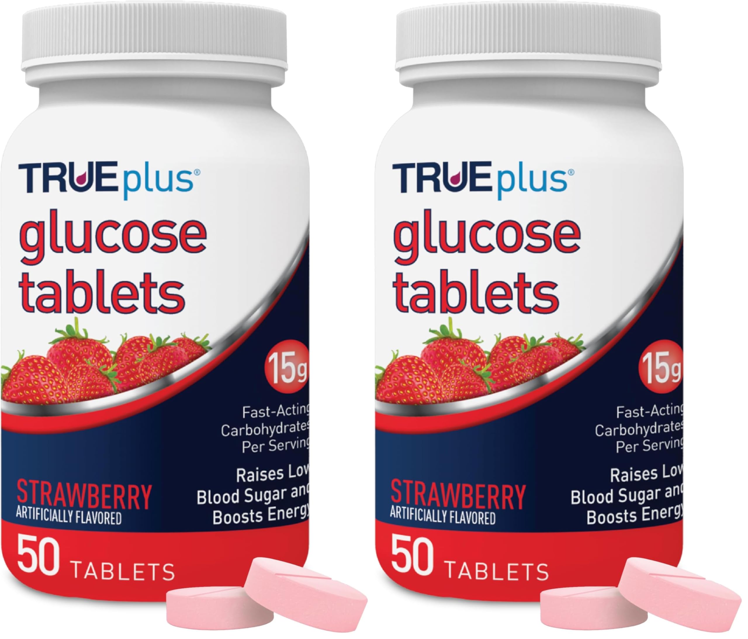 TRUEplus Glucose Tablets, Chewable, Strawberry Flavor, 15g Fast-Acting Carbohydrates, Fat Free, Gluten Free, Boost Energy, 50 Count (Pack of 2)