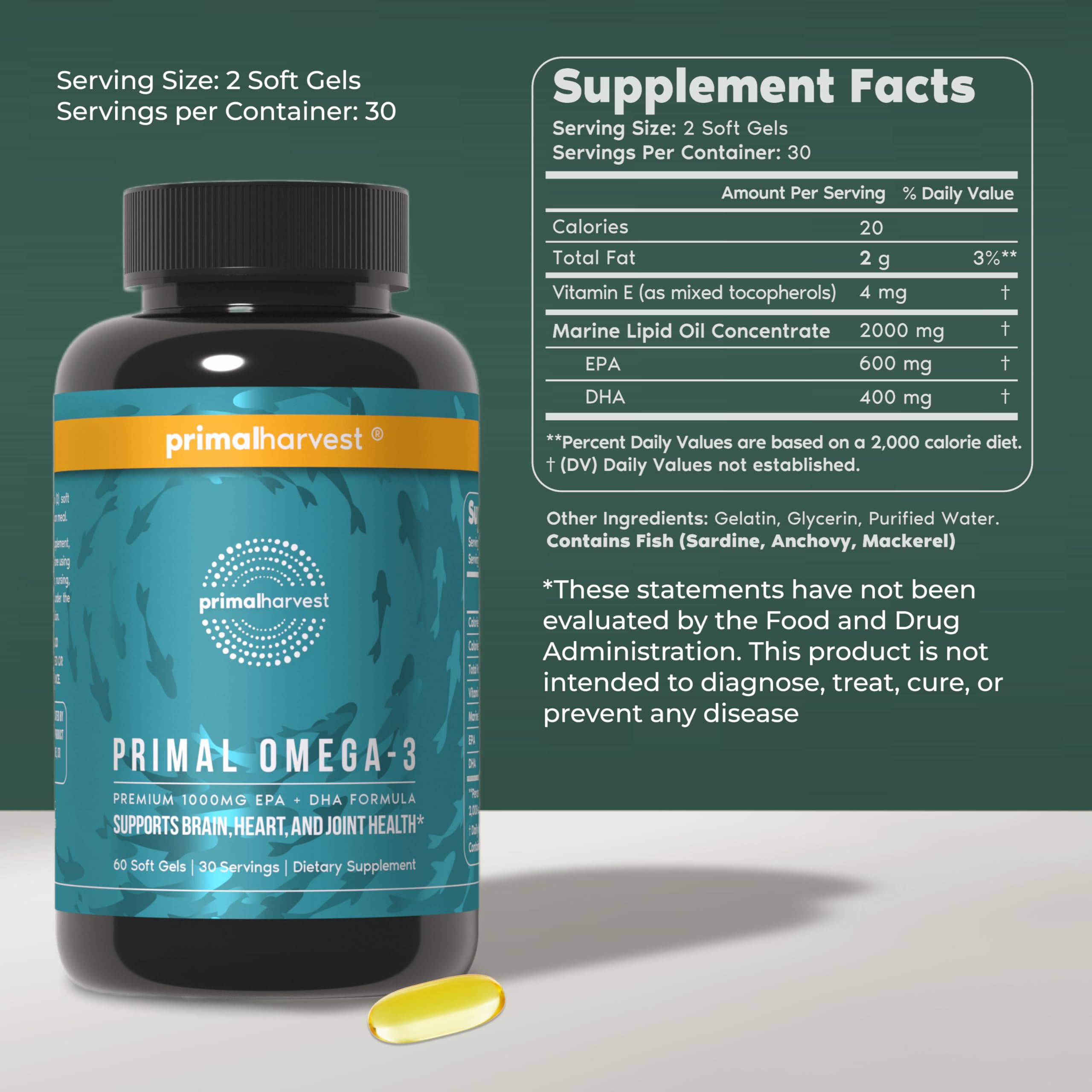 Primal Harvest Omega 3 Fish Oil Supplements, 30 Servings Soft Gels Capsules w/ 1000mg EPA + DHA Supplements, No Fishy Burps Non-GMO Omega 3 Fatty Acid Primal HarvestBuy Supplements Australia