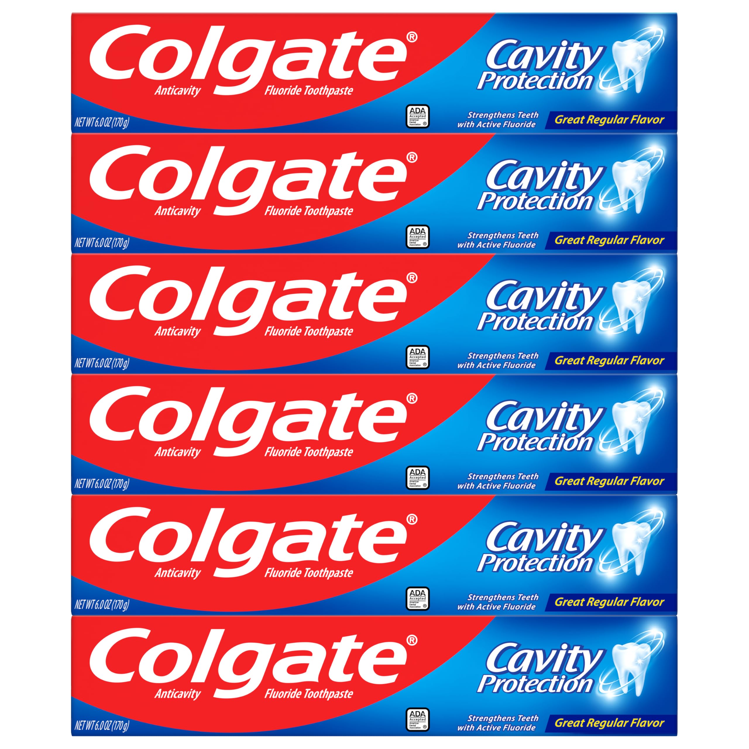 Colgate Cavity Protection Toothpaste with Fluoride, Minty Great Regular Flavor, Anti Cavity Toothpaste, 6 Pack, 6 Oz Tubes