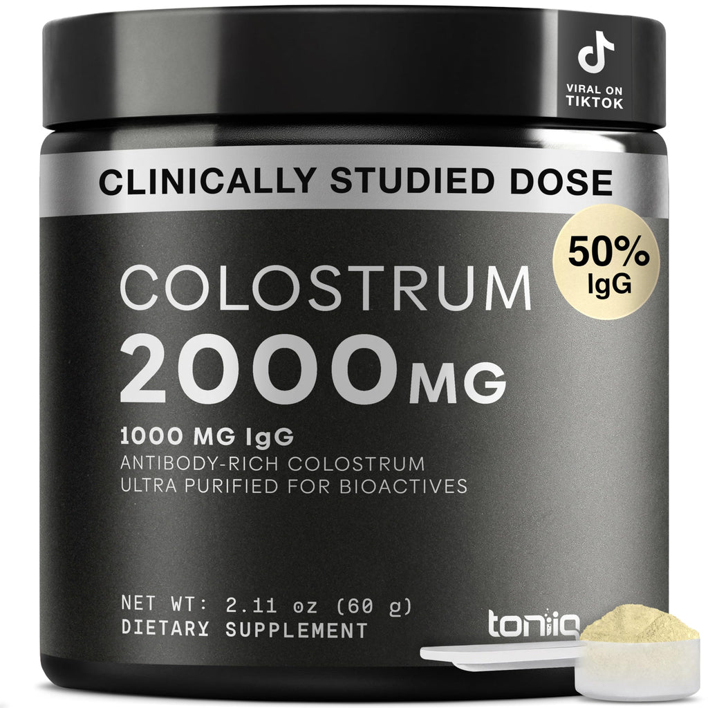 Toniiq Bovine Colostrum Powder Supplement 2000mg - 50% IgG for Gut Health, Immune Support & Skin - French Colostrum Farm-to-Jar Traceable