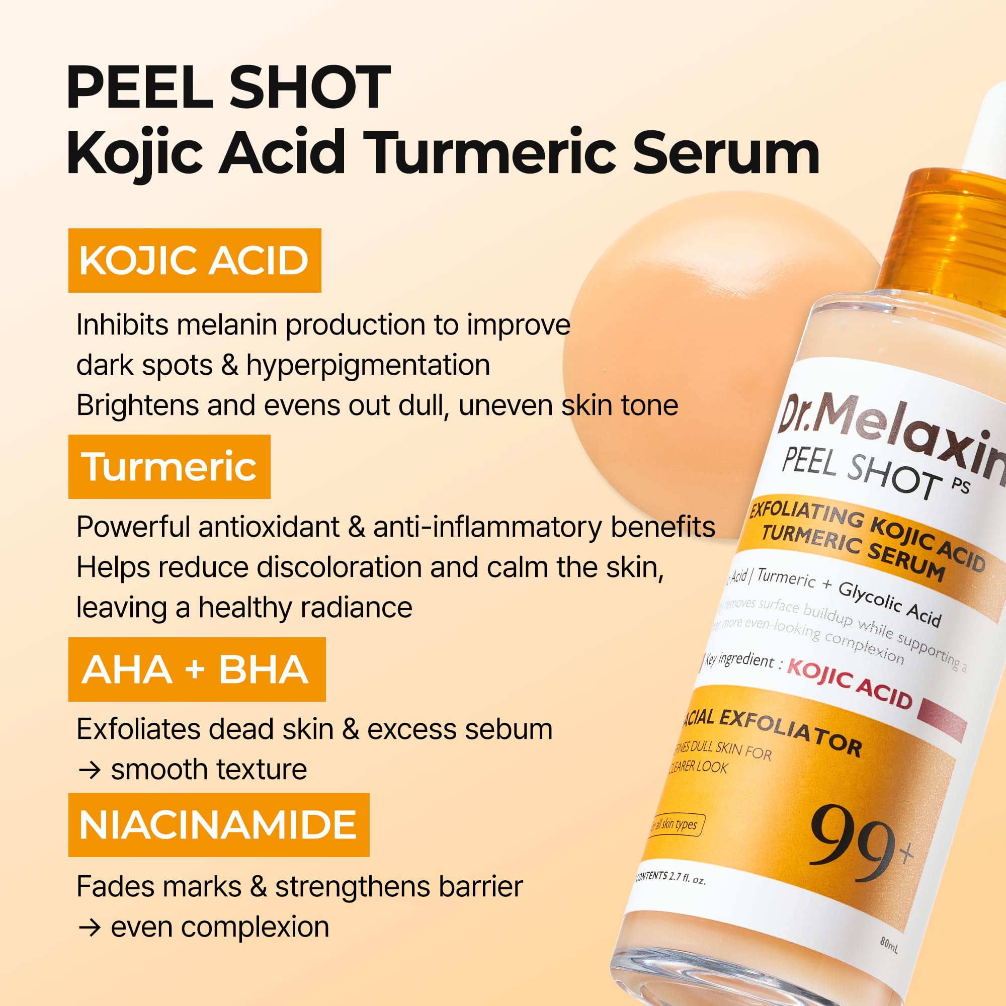 Dr. Melaxin Peel Shot Kojic Acid Turmeric Serum – Exfoliating Dark Spot Corrector with AHA/BHA & Niacinamide, Brightening & Even Tone