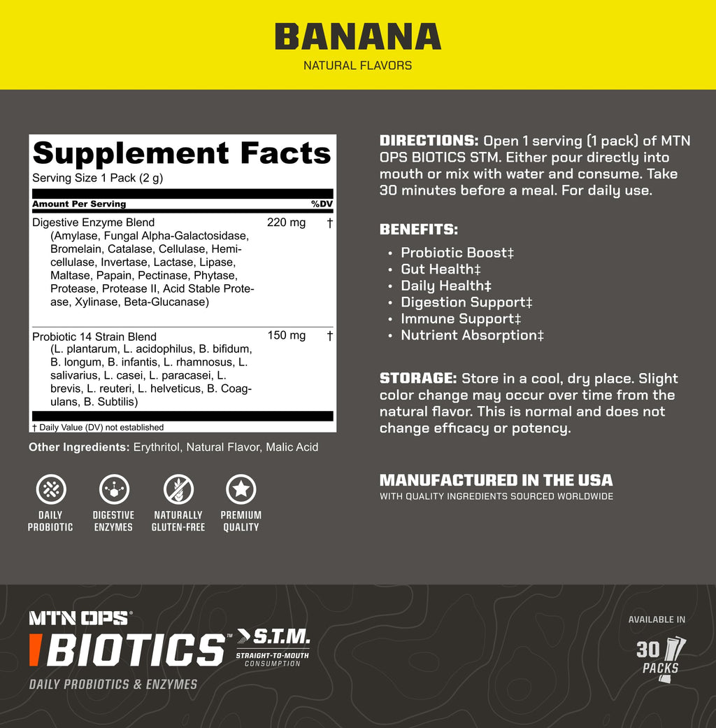 MTN OPS Biotics STM On‑the‑Go Probiotic Supplement for Gut Health, Digestion & Immune Support – Sugar‑Free, Natural Flavors Variety Pack, 30 Servings – Fast, Convenient Daily Gut Health Formula