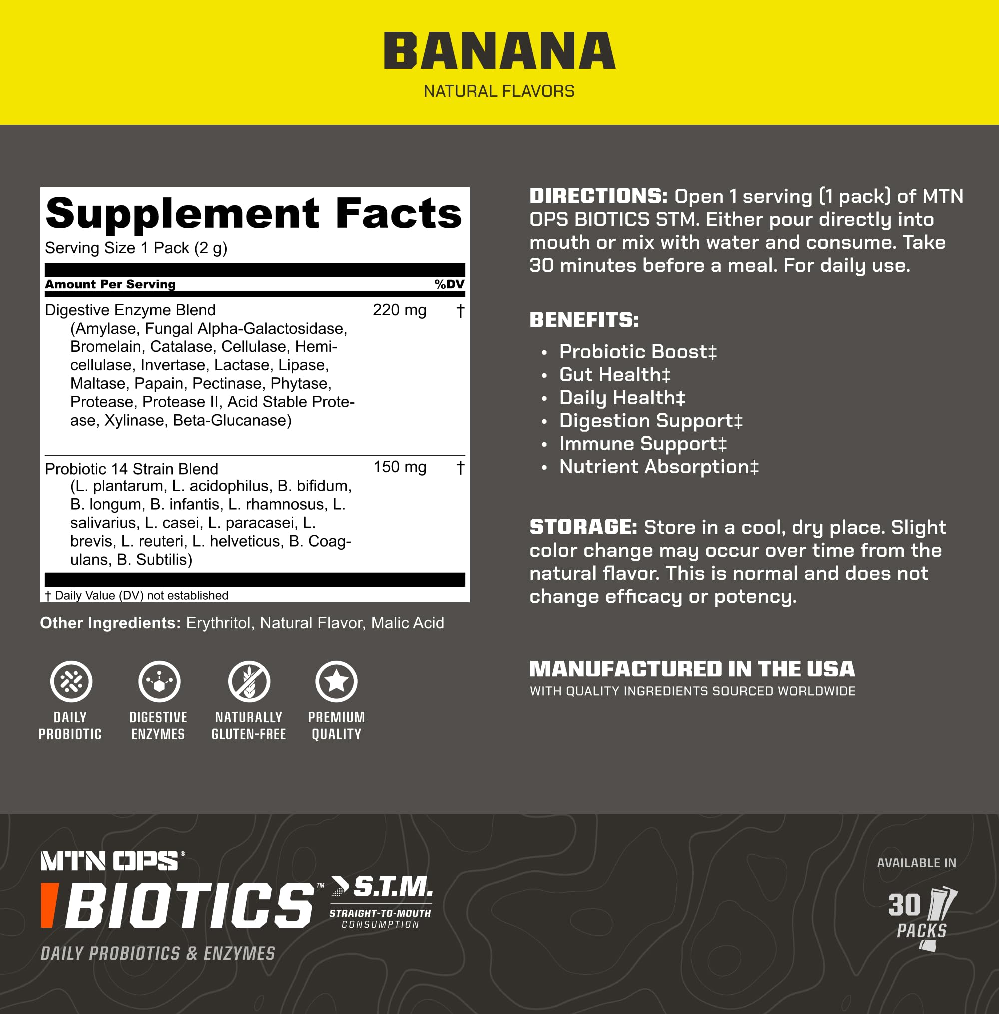MTN OPS Biotics STM On‑the‑Go Probiotic Supplement for Gut Health, Digestion & Immune Support – Sugar‑Free, Natural Flavors Variety Pack, 30 Servings – Fast, Convenient Daily Gut Health Formula