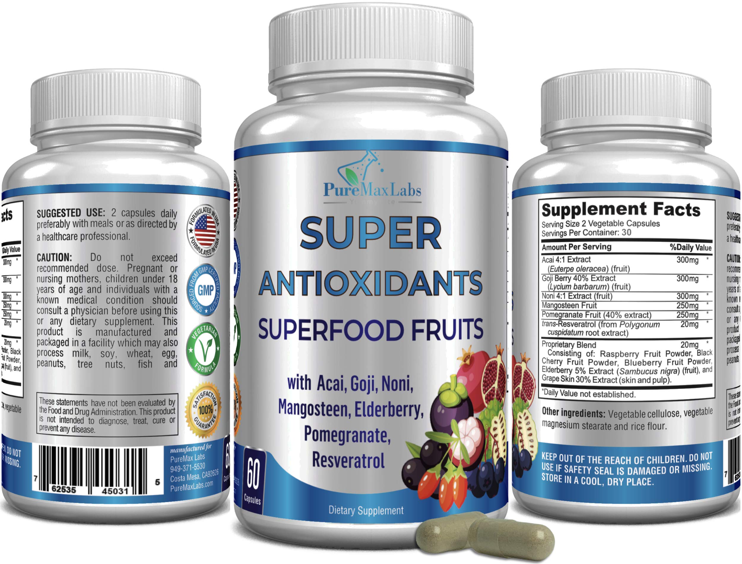 Super Antioxidant Fruit Superfood Complex - Powerful Antioxidant Superfruits, Acai, Goji, Noni, Mangosteen, Pomegranate, Elderberry, Resveratrol,