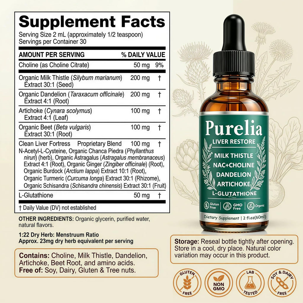 Purelia Liver Restore, 2.02FL OZ Liver Restore Drops, Complete Liver Support Supplement with Milk Thistle, Dandelion Root, L-Glutathione & Choline for Natural Balance & Liver Cleanse