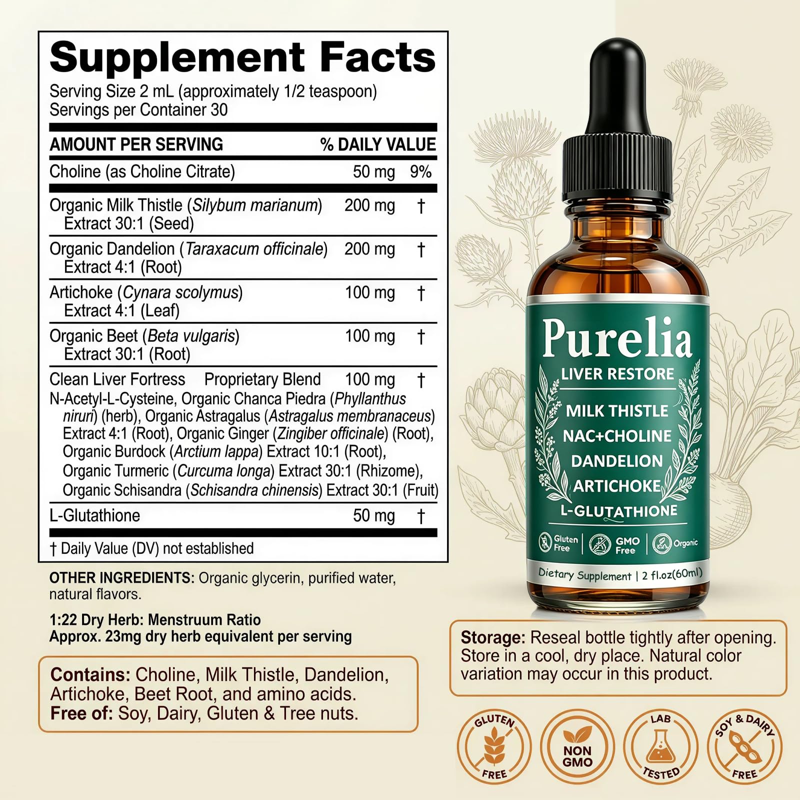 Purelia Liver Restore, 2.02FL OZ Liver Restore Drops, Complete Liver Support Supplement with Milk Thistle, Dandelion Root, L-Glutathione & Choline for Natural Balance & Liver Cleanse