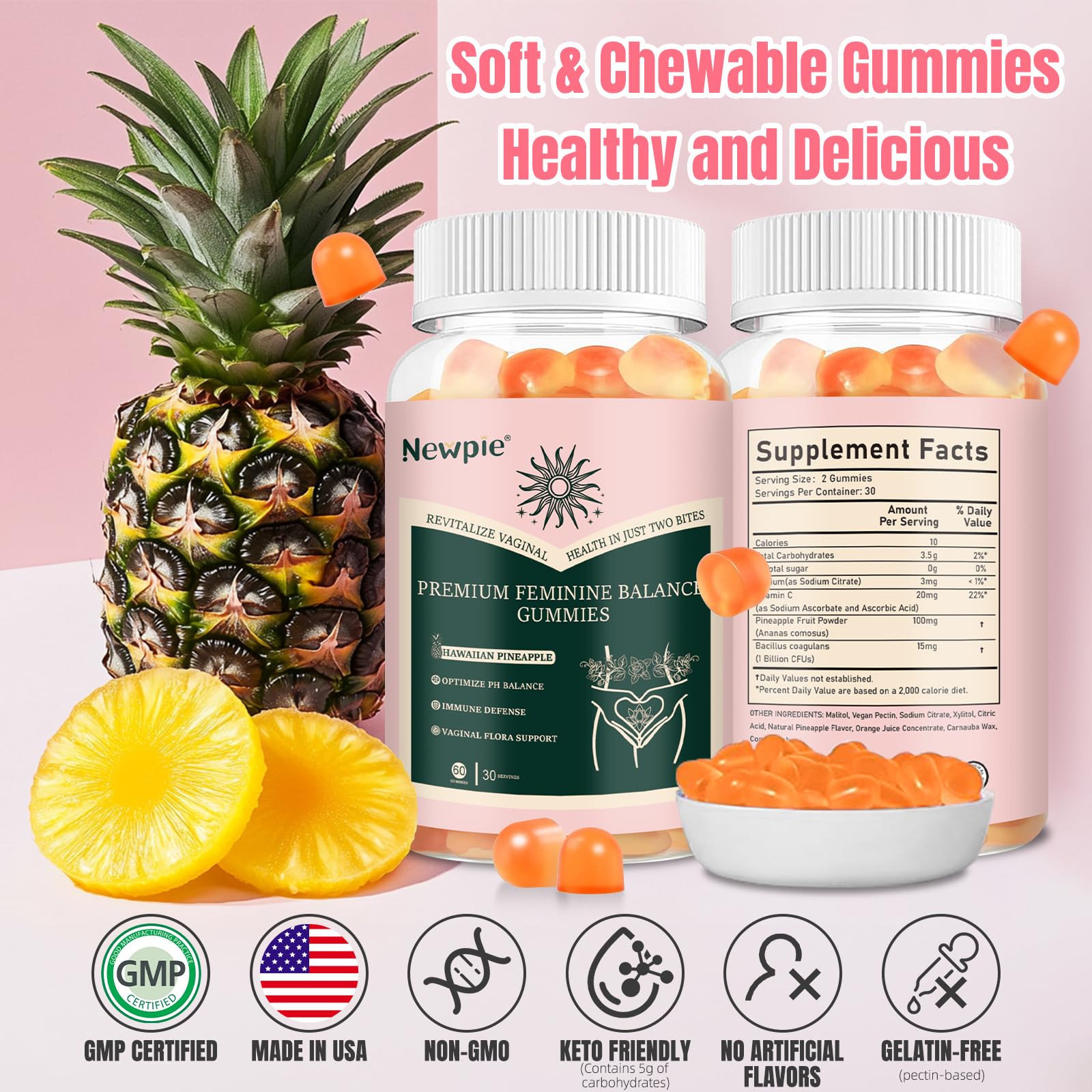 SUWENY Pineapple Gummies for Women ph Premium Feminine Balance Gummies for Women Health Immune Support Vegan, Gluten-Free & Halal-60 Gummies-30 Servings (1)
