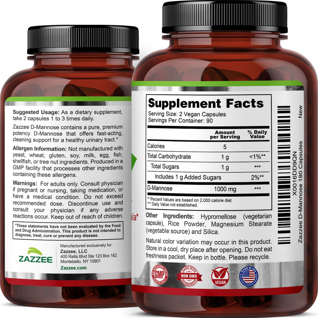 Zazzee D-Mannose, 1000 mg per Serving, 180 Vegan Capsules, 3 Month Supply, Potent & Fast-Acting, Certified Kosher, 100% Pure, All-Natural Urinary Tract Health Support, 100% Vegetarian, Non-GMO ZazzeeBuy Supplements Australia