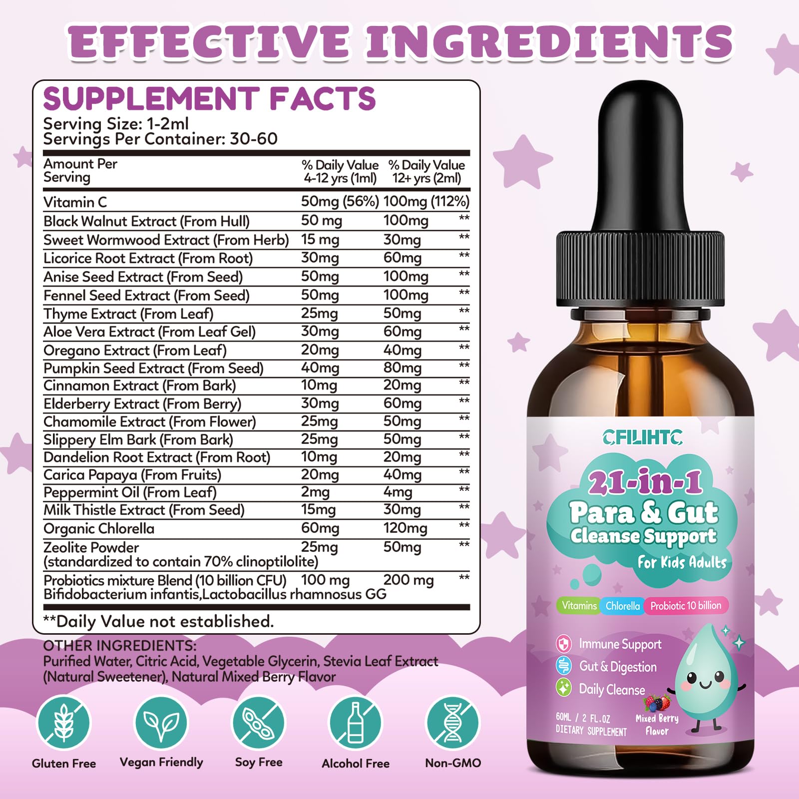 21 in 1 Parasite Cleanse for Humans & Kids, Herbal Gut Cleanse & Detox Support, Wormwood Black Walnut Pumpkin Seed, Probiotics 10 Billion CFU, Digestive