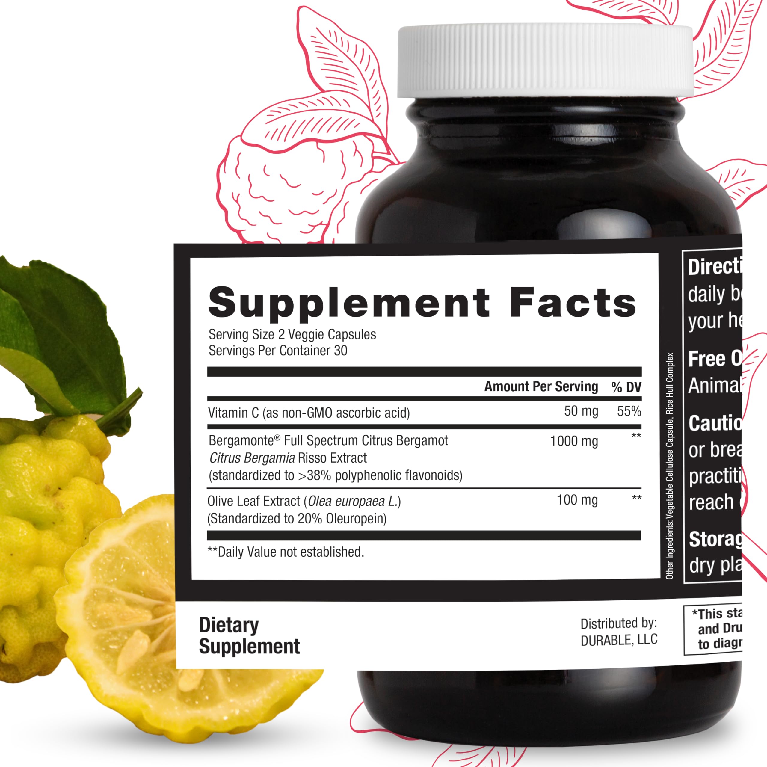 Durable Heart Bergamonte Citrus Bergamot 1000mg + Olive Leaf and Vitamin C Healthy-Cardiovascular Formula for Rate and Pressure, Healthy Cholesterol Pills