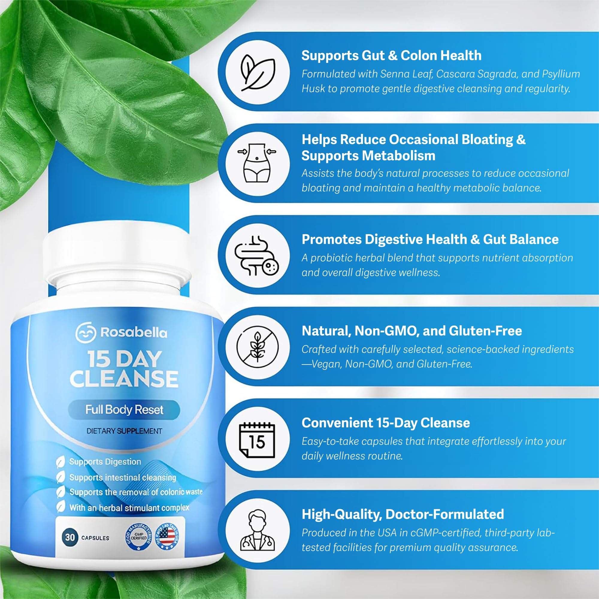 Rosabella 15 Day Cleanse – Full Body Detox & Colon Cleanse for Men & Women – Gut Cleanse Detox Pills for Digestive Health & Bloating Relief