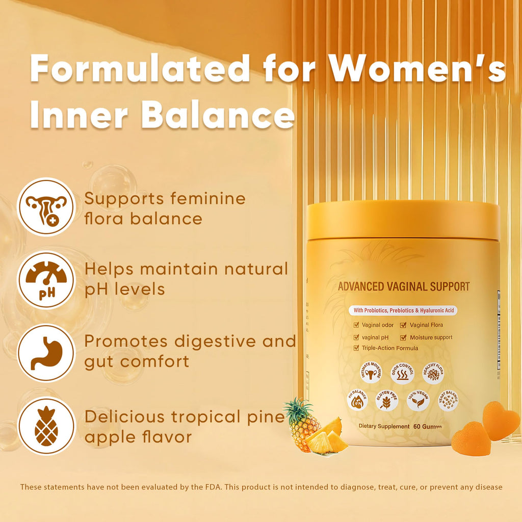 NEWUREHO Probiotic Pineapple Gummies, Hawaiian Pineapple Feminine PH Balance Gummies, Supports Female Vitality and Gut Health 60 Gummies