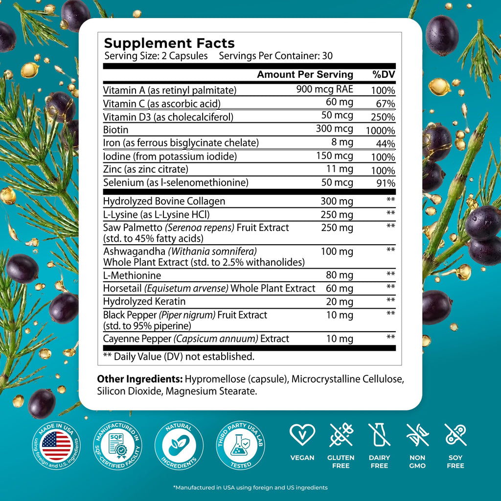 PUREHEALTH RESEARCH ReGrow - Hair Growth Vitamins - Hair Supplement for Scalp & Thickness Support - with Saw Palmetto, Biotin, Hydrolyzed Bovine Collagen