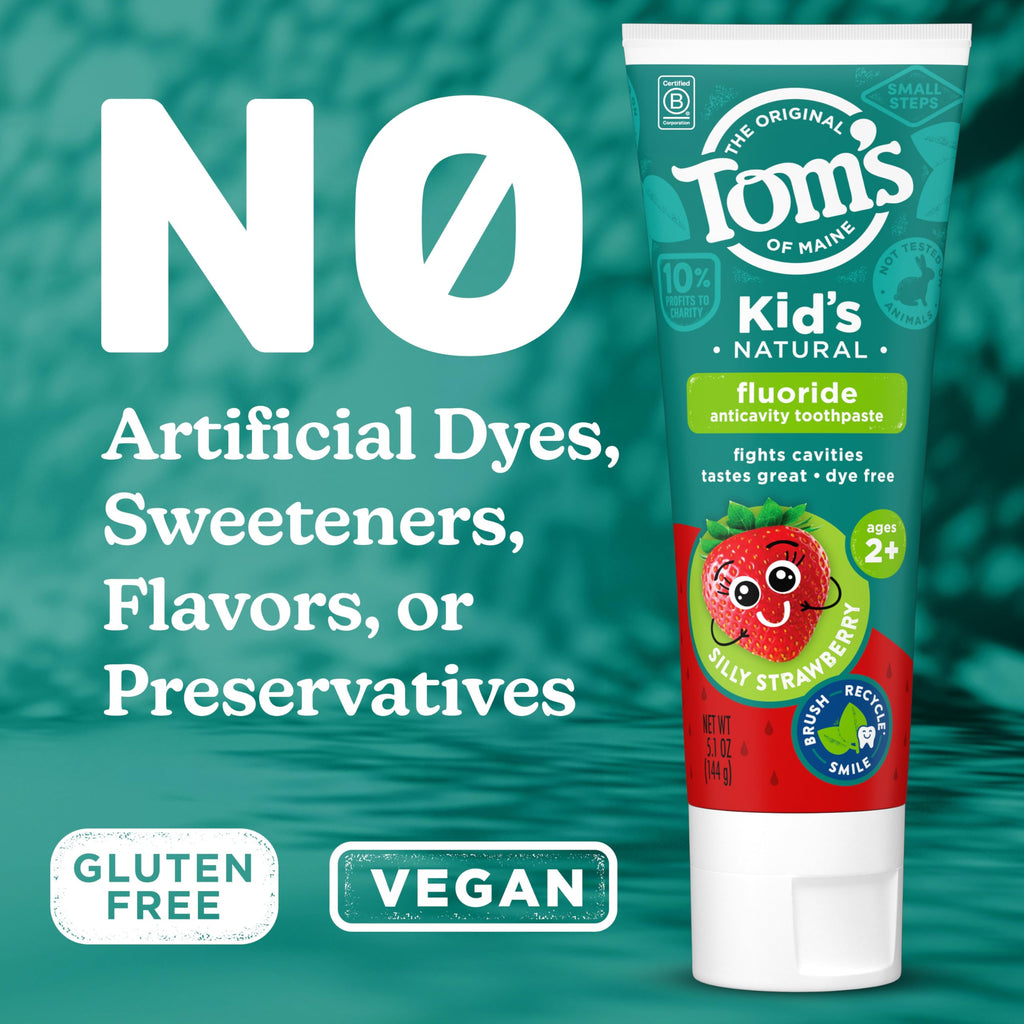 Tom’s of Maine Natural Kids Fluoride Toothpaste, 3 Pack, For Kids Ages 2 and Up, Great Toddler Toothpastes, No Artificial Flavors, Dyes